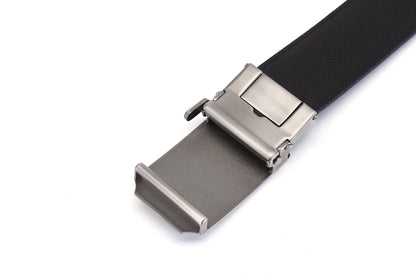 Close up buckle back view of the Samsonite AAMIR Basic Auto Belt in Black. Available Now Online.