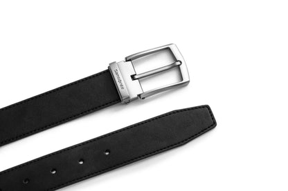 Close up buckle & end tip front view of the AAMIR II BIZPIN PLATE 04 BELT. Shop Now Online