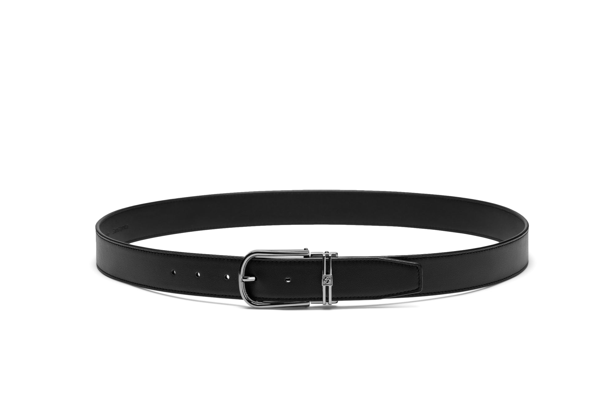 Extended buckled view of the Samsonite AAMIR II BIZCTR Arc Black Leather Belt. Shop Now Online