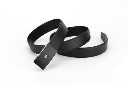 Extended roll view of the AAMIR Basic Auto Golden Logo Belt in Black. Shop Online Today.