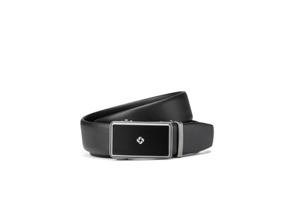 Front buckle view of the Samsonite AAMIR II Bizplate Al Auto 02 Leather Black Belt. Find Online Today