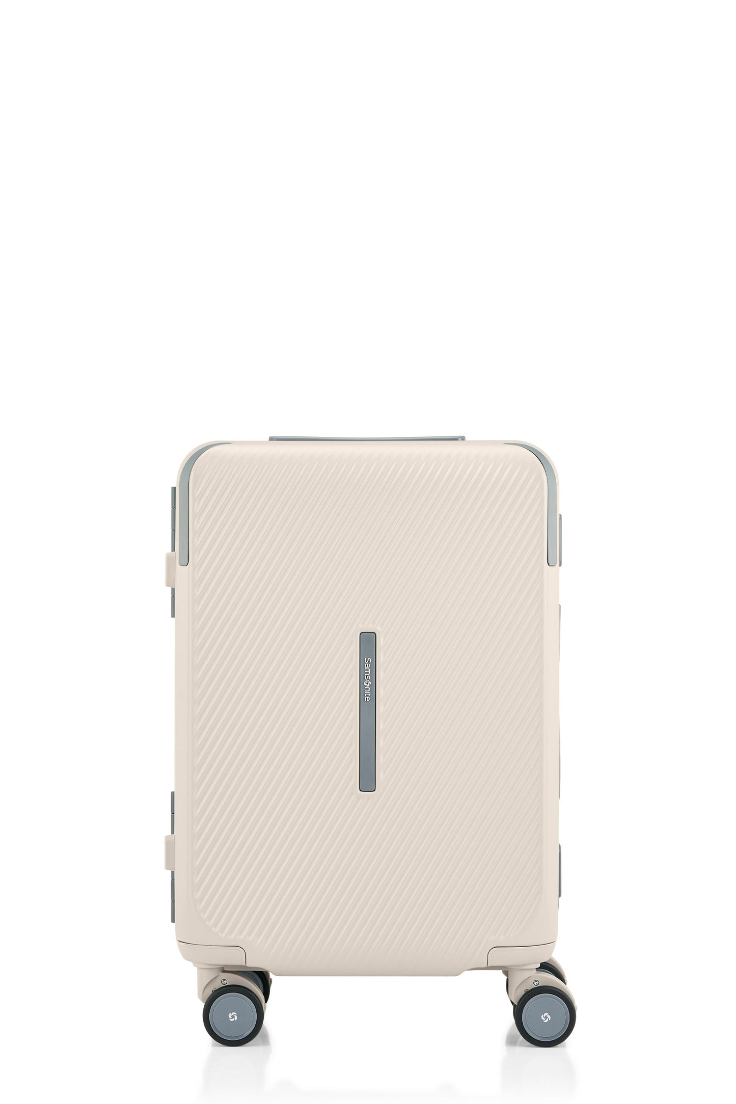 Front view of the Evox Spinner Cabin luggage in Beige. Shop the Collection Online.