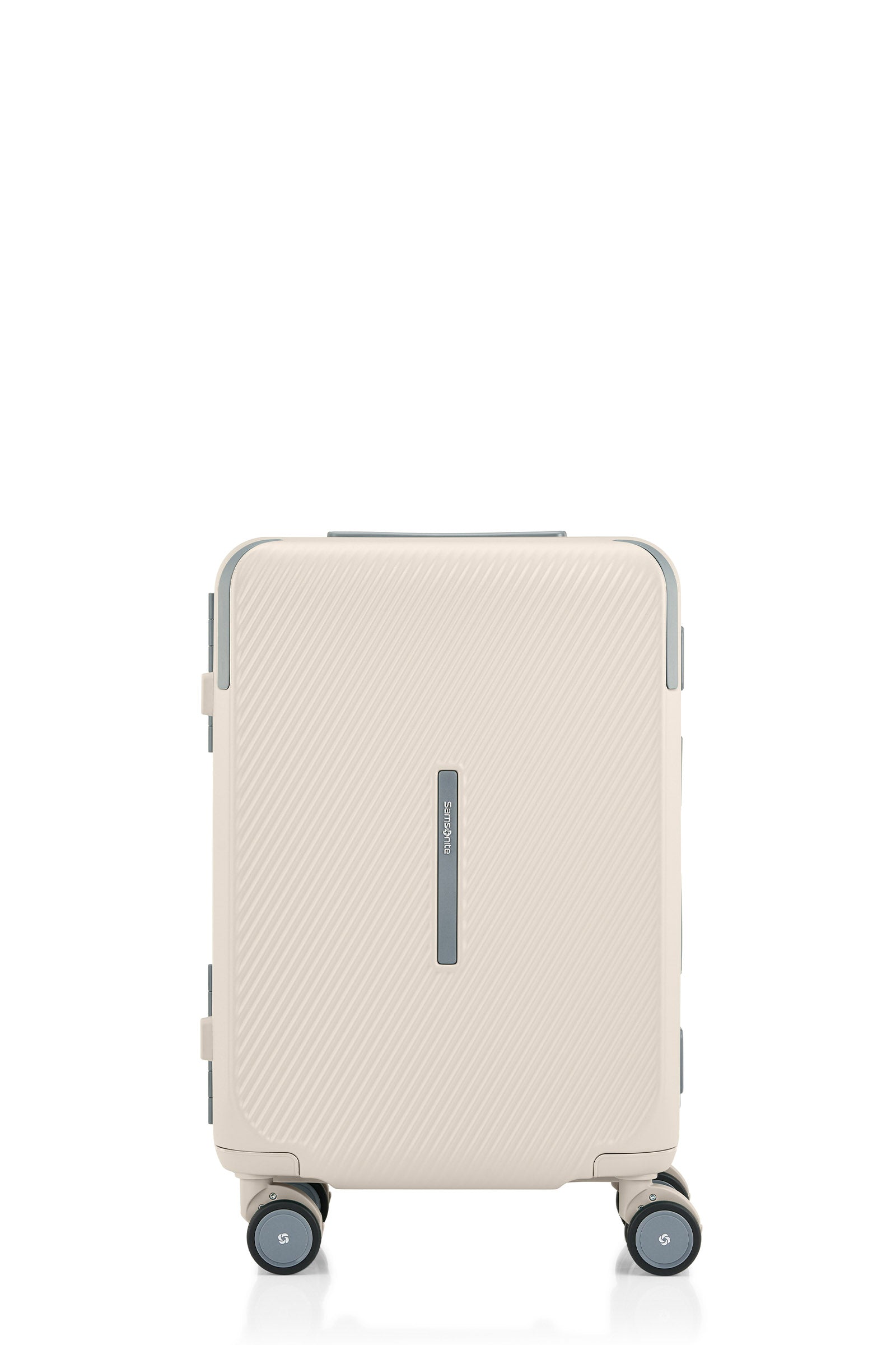 Front view of the Evox Spinner Cabin luggage in Beige. Shop the Collection Online.