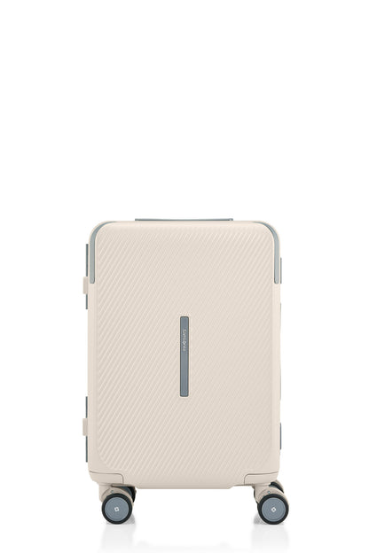 Front view of the Evox Spinner Cabin luggage in Beige. Shop the Collection Online.
