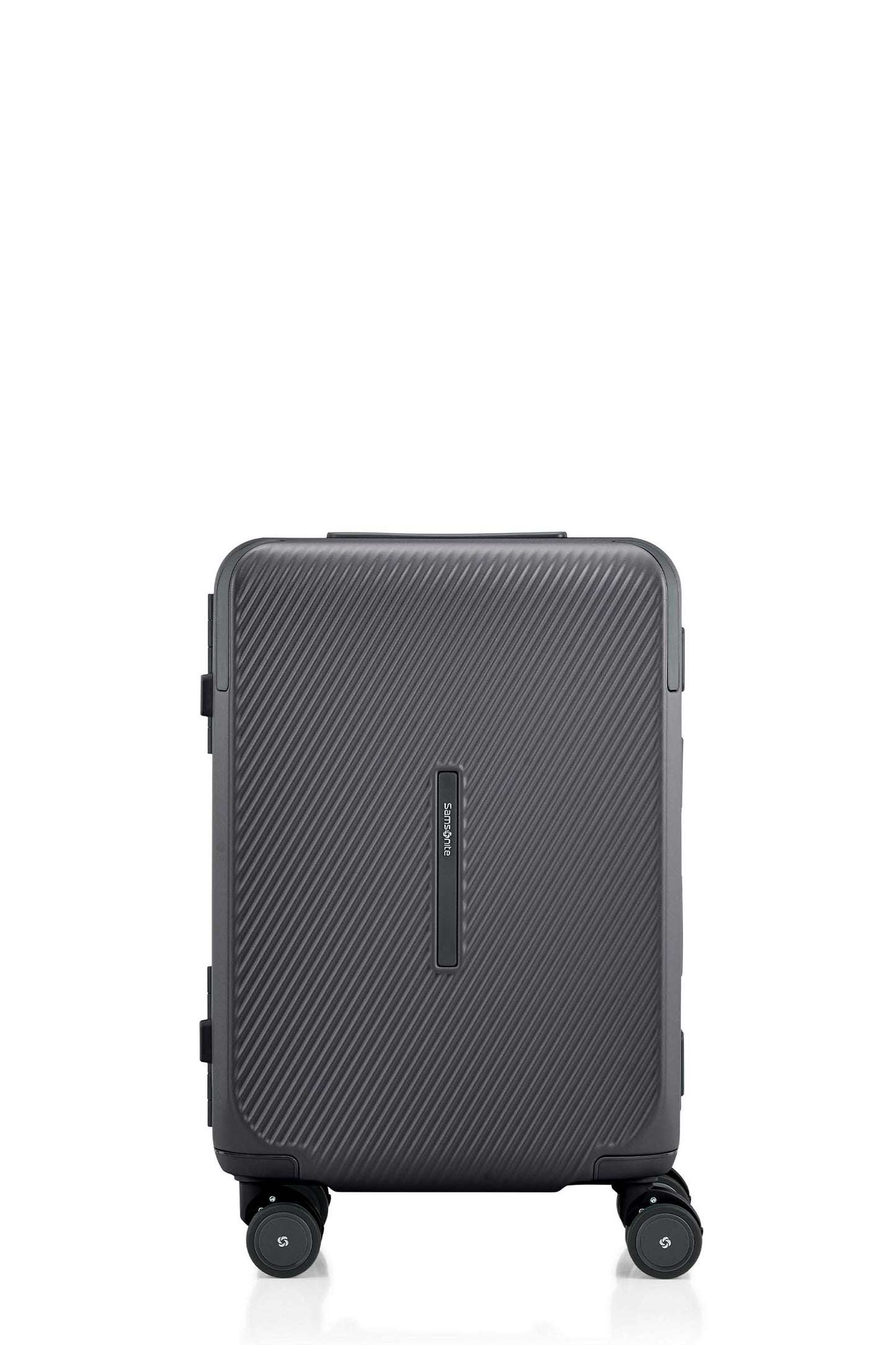 Front view of the Evox Spinner Cabin luggage in Graphite. Shop the Collection Online.