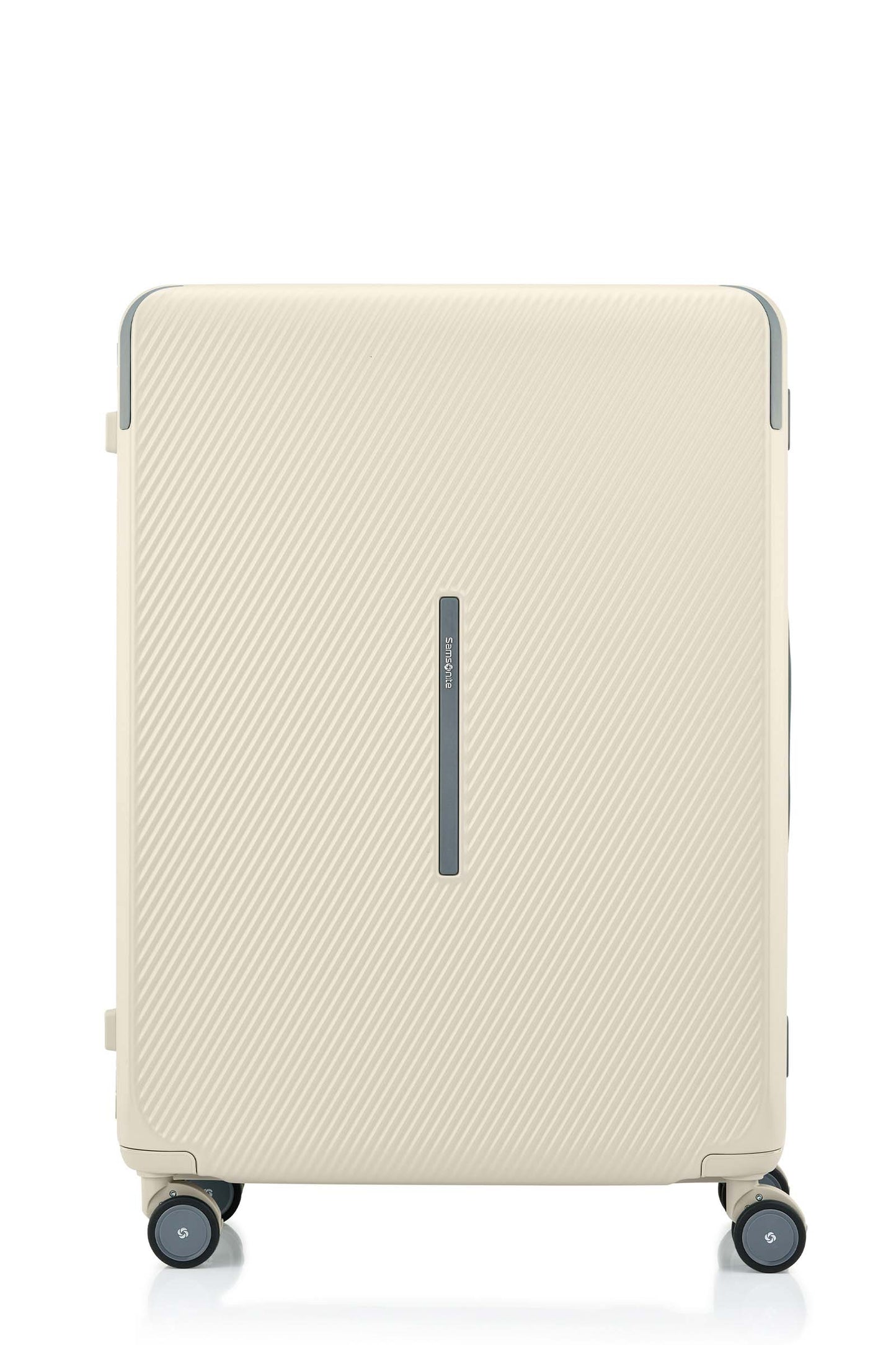 Front view of the Evox Spinner Large luggage in Beige. Shop the Collection Online.