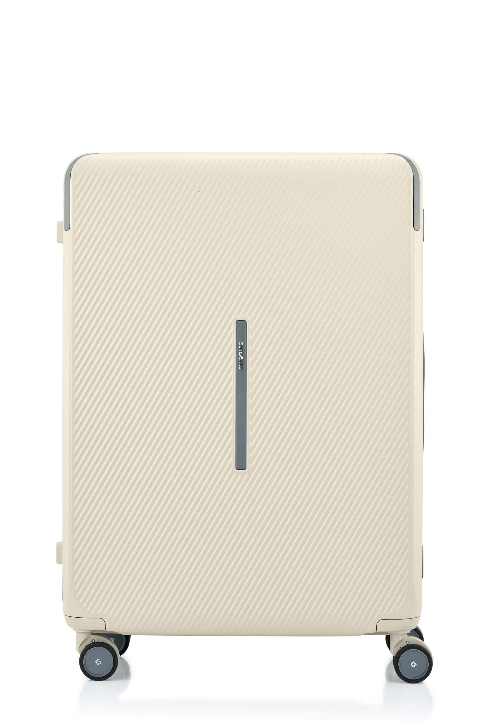 Front view of the Evox Spinner Large luggage in Beige. Shop the Collection Online.