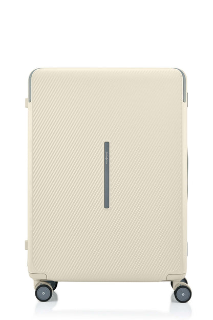 Front view of the Evox Spinner Large luggage in Beige. Shop the Collection Online.