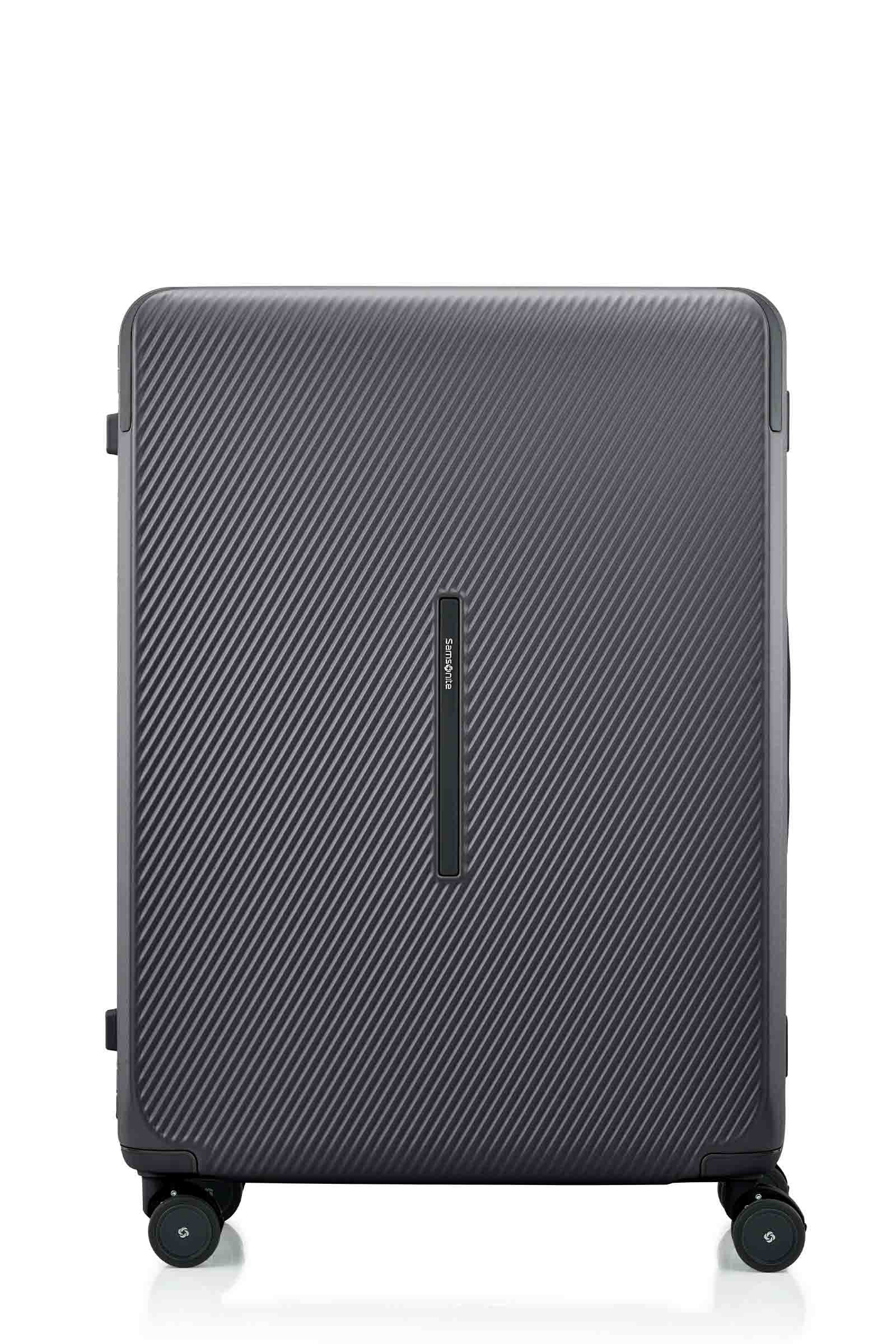 Front view of the Evox Spinner Large luggage in Graphite. Shop the Collection Online.