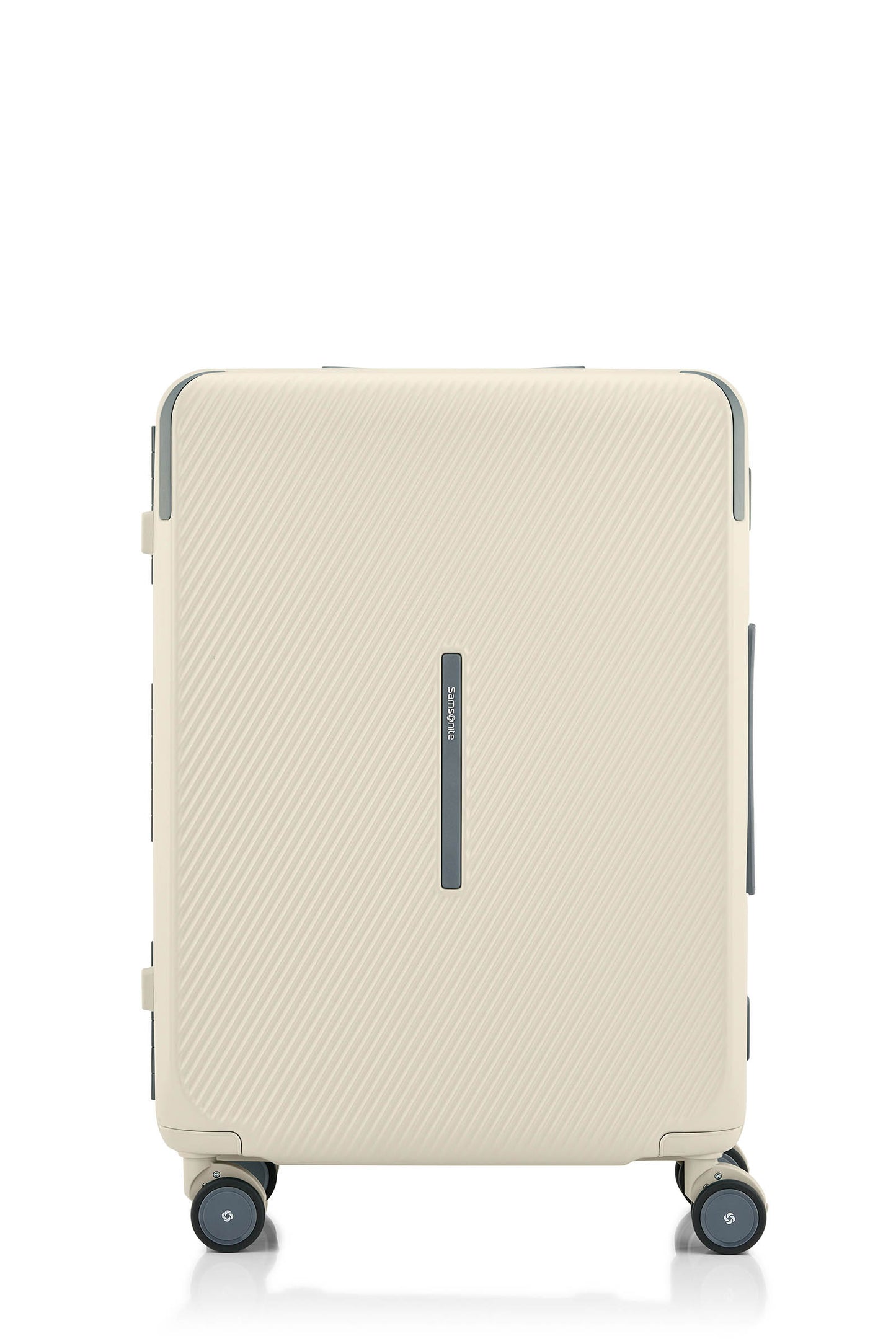 Front view of the Evox Spinner Medium luggage in Beige. Shop the Collection Online.
