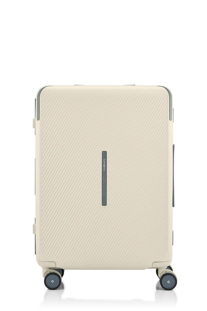 Front view of the Evox Spinner Medium luggage in Beige. Shop the Collection Online.
