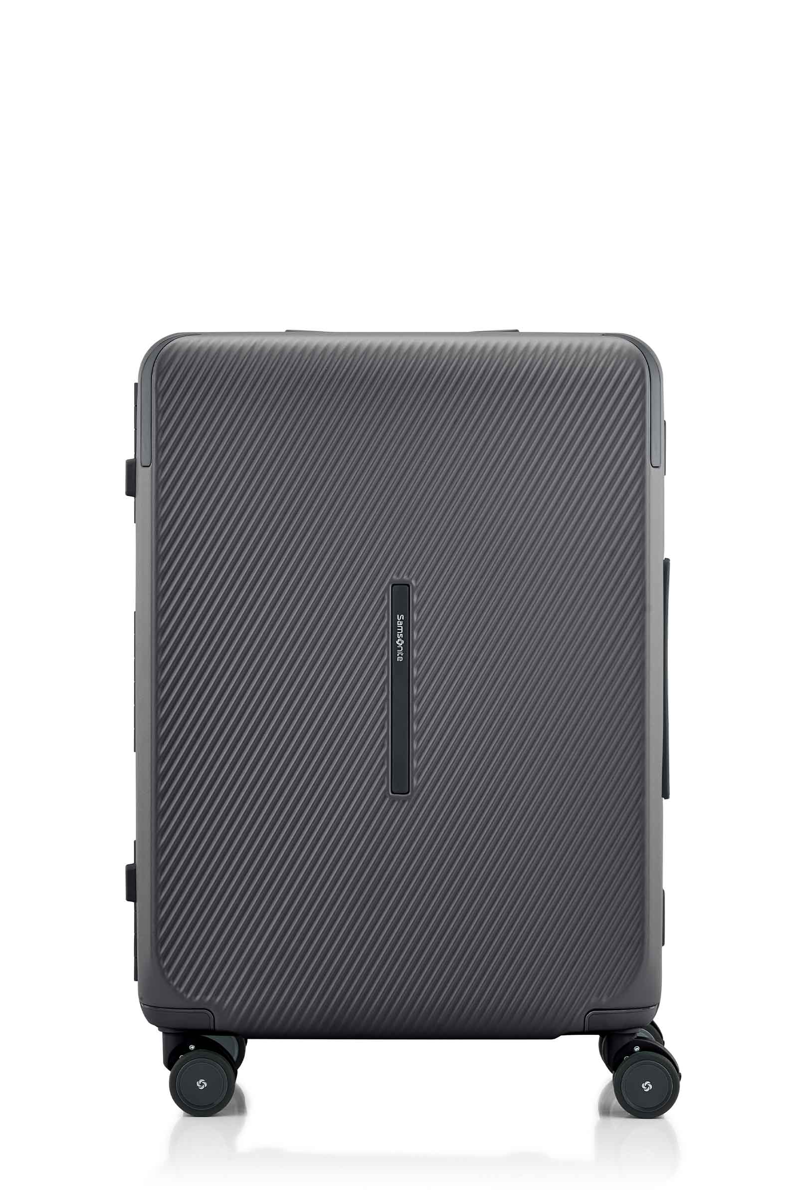 Front view of the Evox Spinner Medium luggage in Graphite. Shop the Collection Online.
