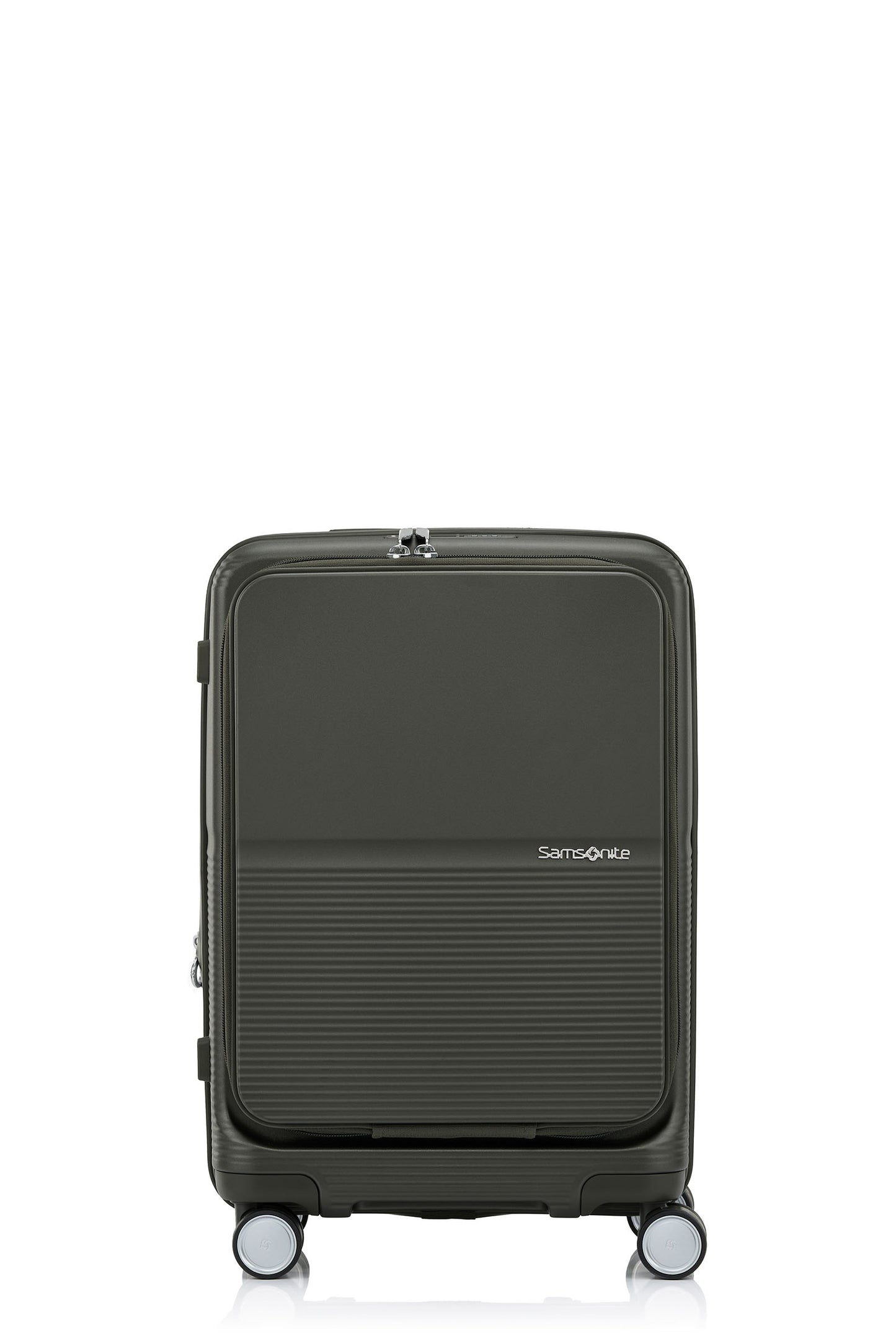 Front view of the Samsonite Flatform Spinner Cabin in Dark Moss. Shop the Latest Online