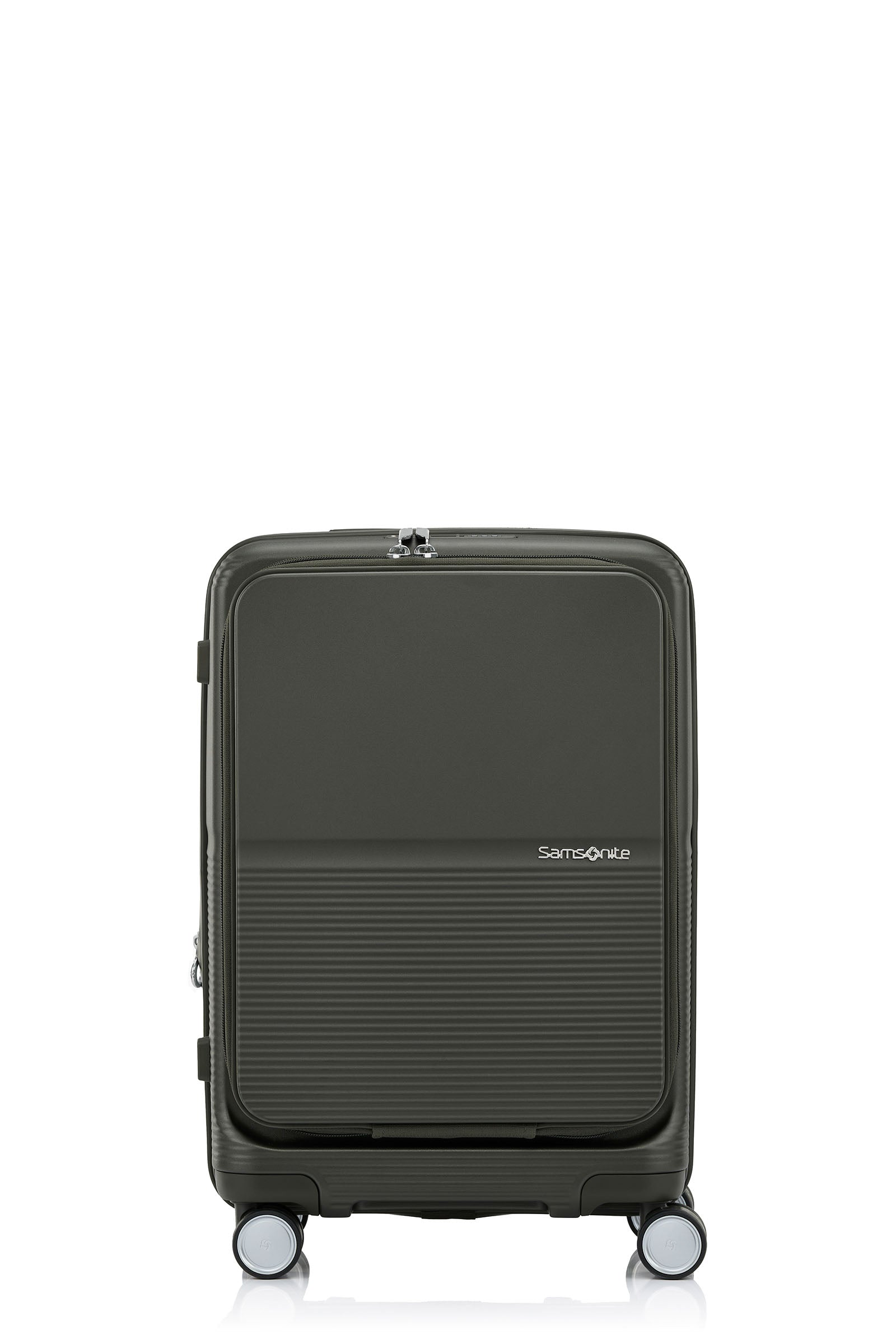 Front view of the Samsonite Flatform Spinner Cabin in Dark Moss. Shop the Latest Online