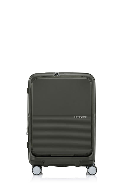 Front view of the Samsonite Flatform Spinner Cabin in Dark Moss. Shop the Latest Online