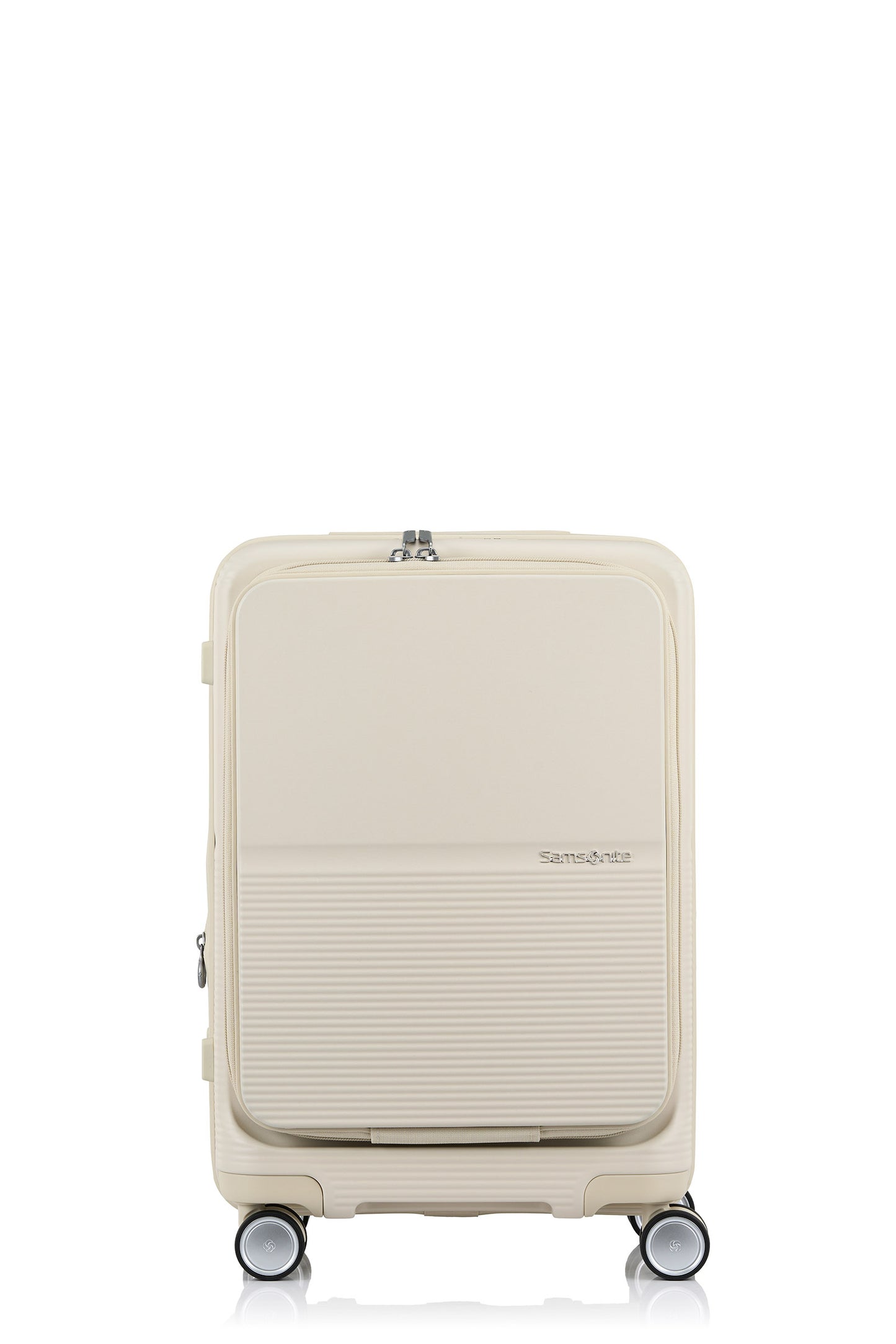Front view of the Samsonite Flatform Spinner Cabin in Ivory. Shop the Latest Online