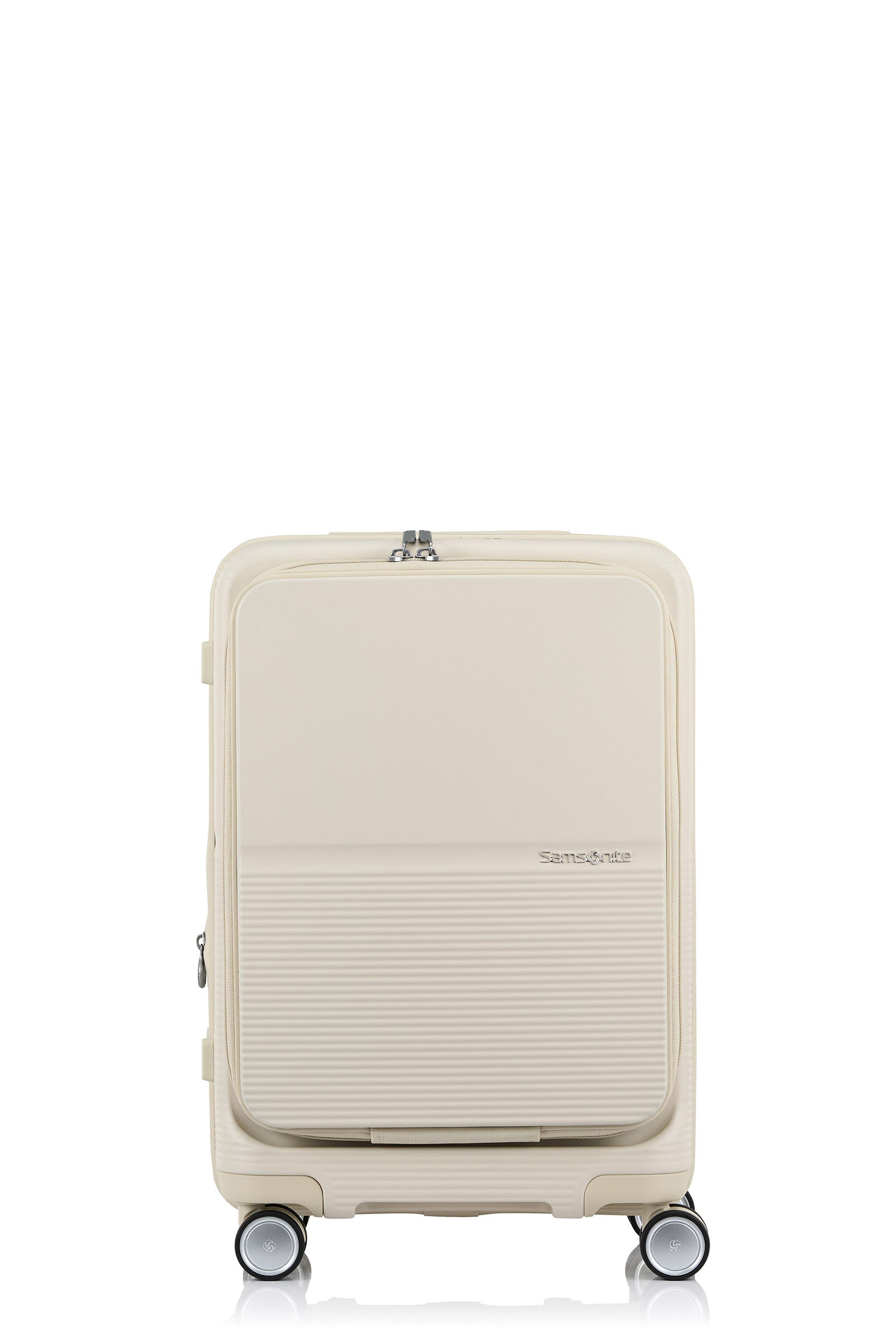 Front view of the Samsonite Flatform Spinner Cabin in Ivory. Shop the Latest Online