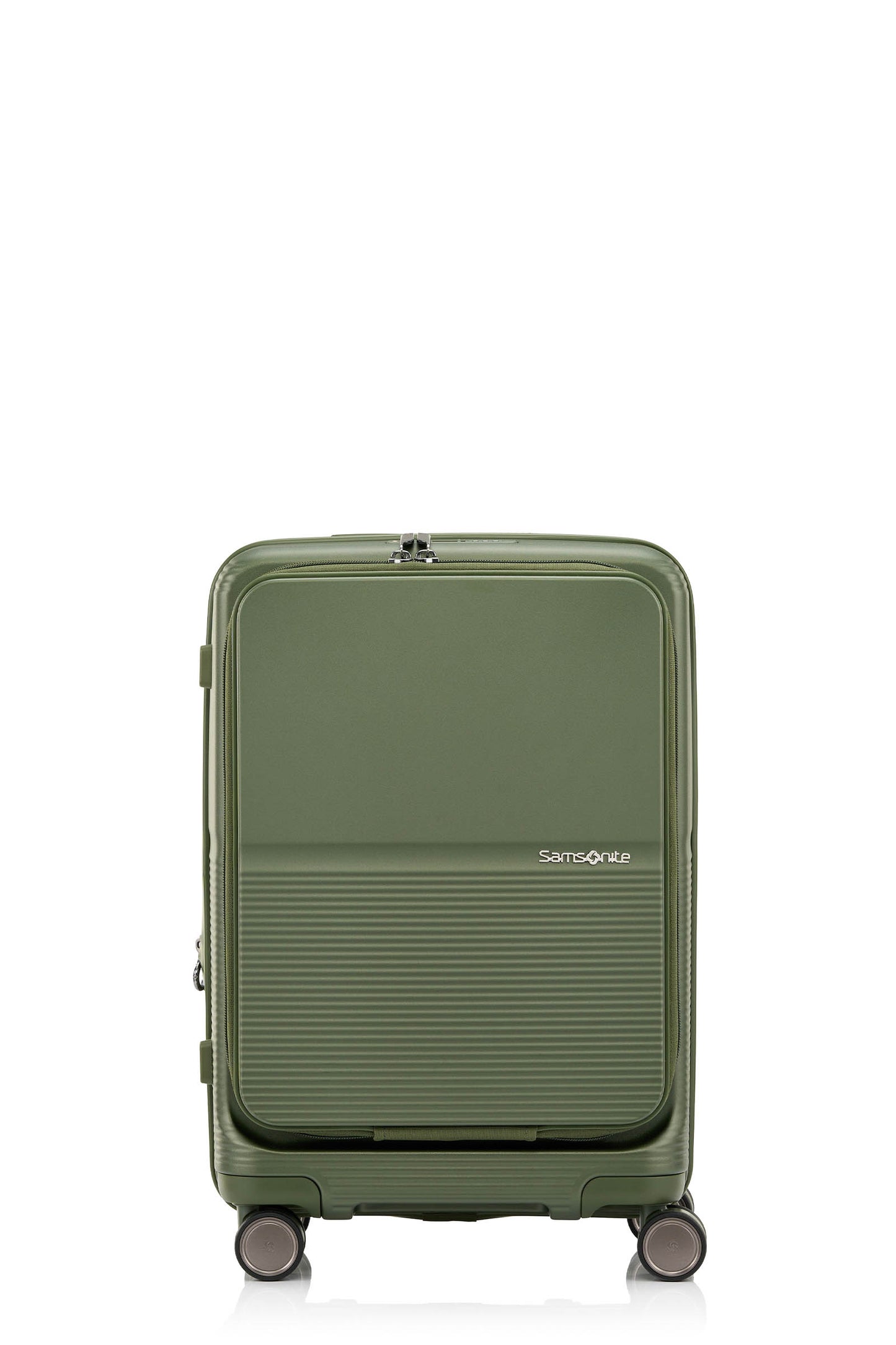 Front view of the Samsonite Flatform Spinner Cabin in Metallic Green. Shop the Latest Online