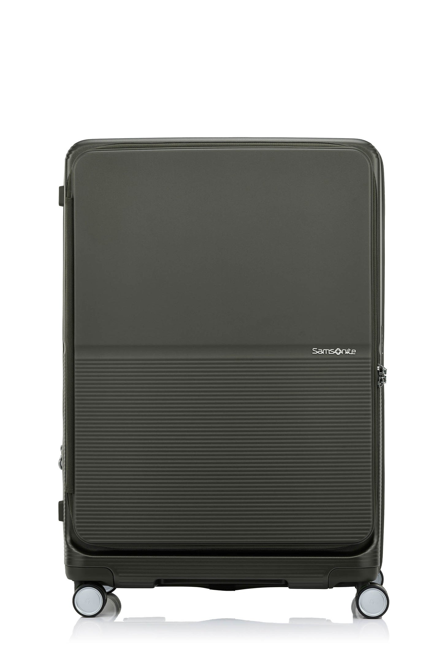 Front view of the Samsonite Flatform Spinner Large in Dark Moss. Shop the Latest Online