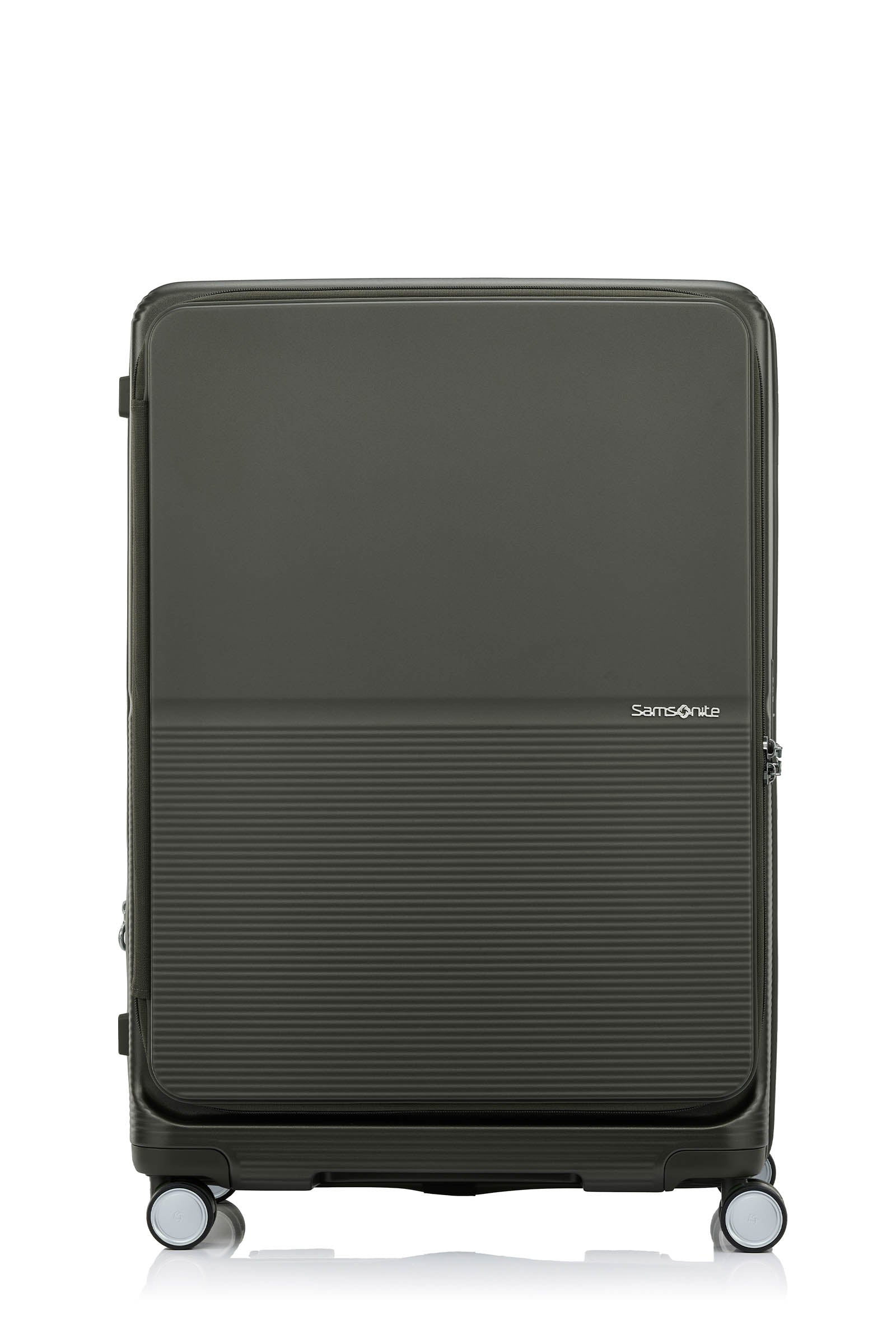 Front view of the Samsonite Flatform Spinner Large in Dark Moss. Shop the Latest Online