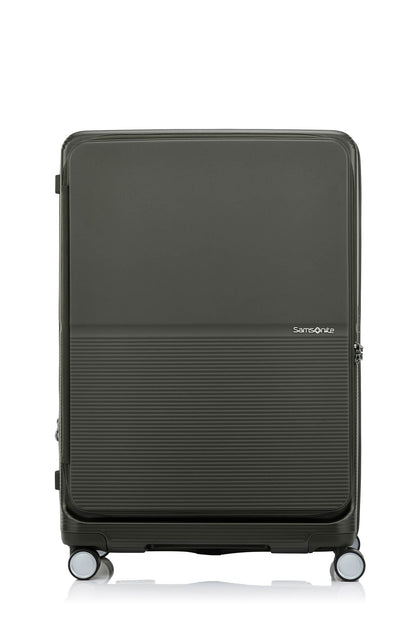 Front view of the Samsonite Flatform Spinner Large in Dark Moss. Shop the Latest Online
