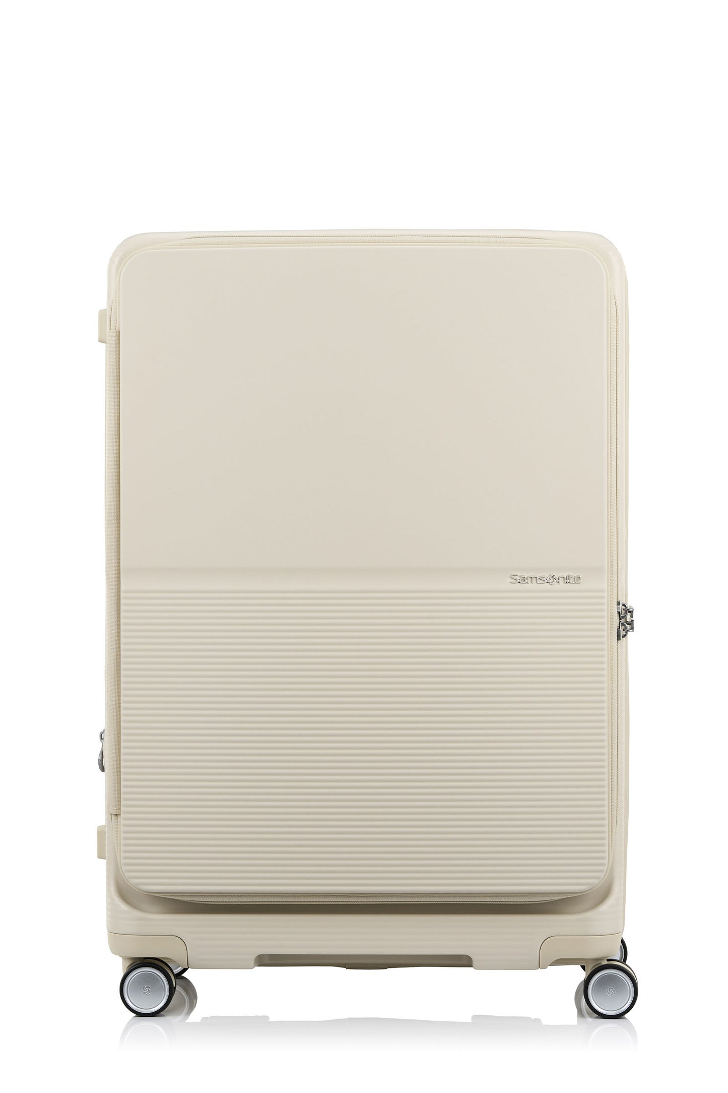 Front view of the Samsonite Flatform Spinner Large in Ivory. Shop the Latest Online