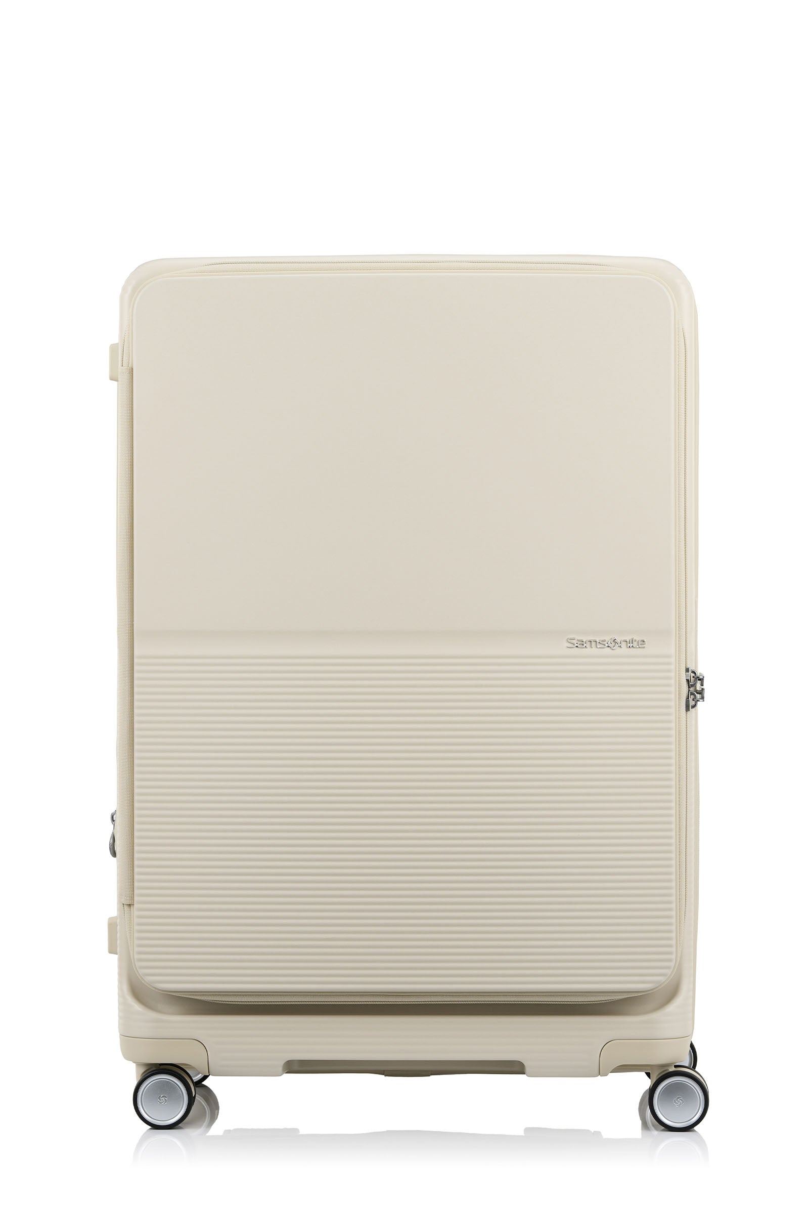 Front view of the Samsonite Flatform Spinner Large in Ivory. Shop the Latest Online