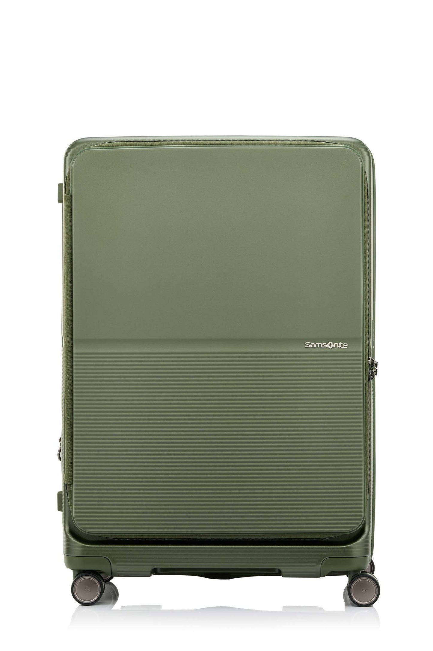 Front view of the Samsonite Flatform Spinner Large in Metallic Green. Shop the Latest Online