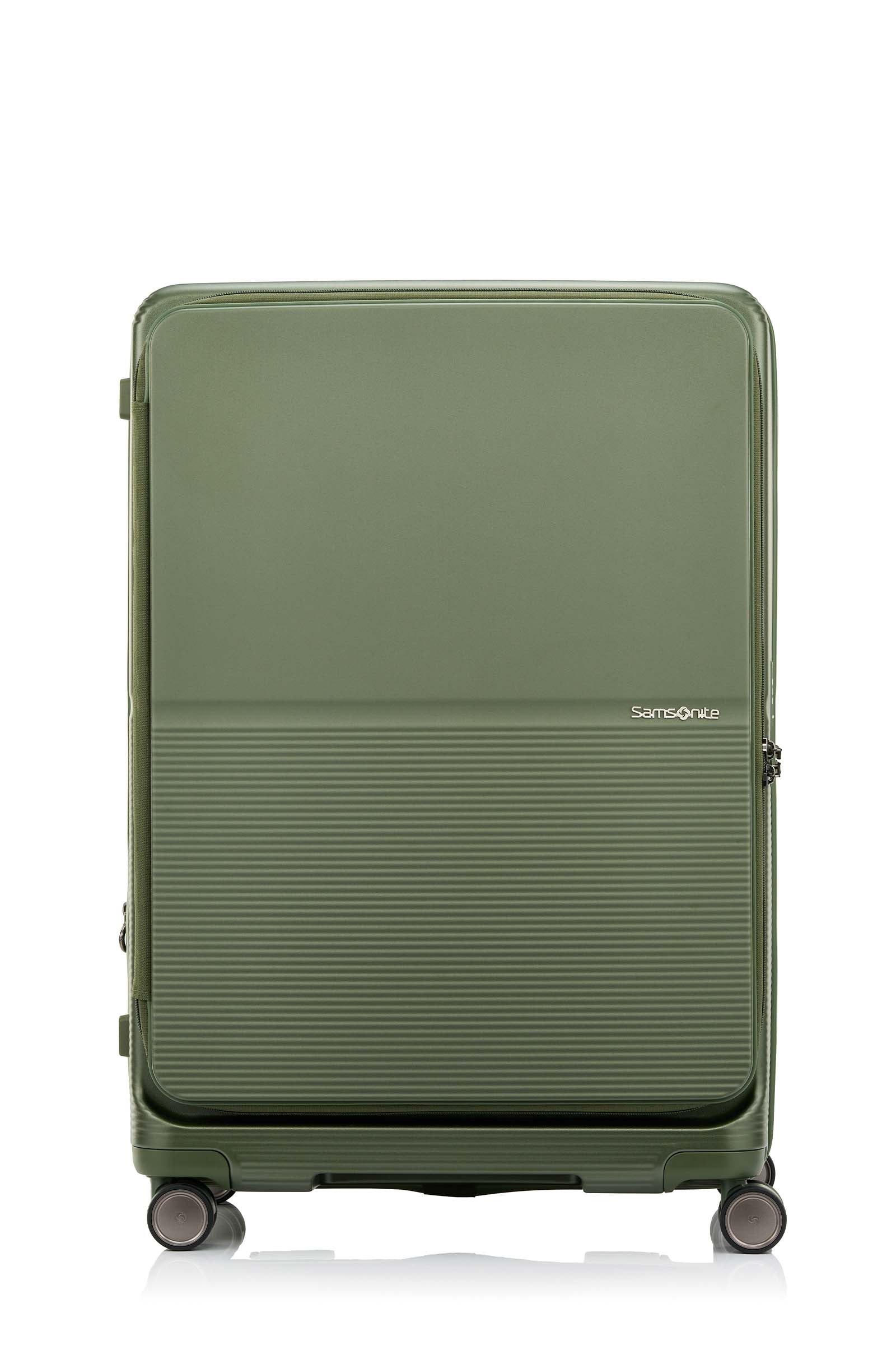 Front view of the Samsonite Flatform Spinner Large in Metallic Green. Shop the Latest Online