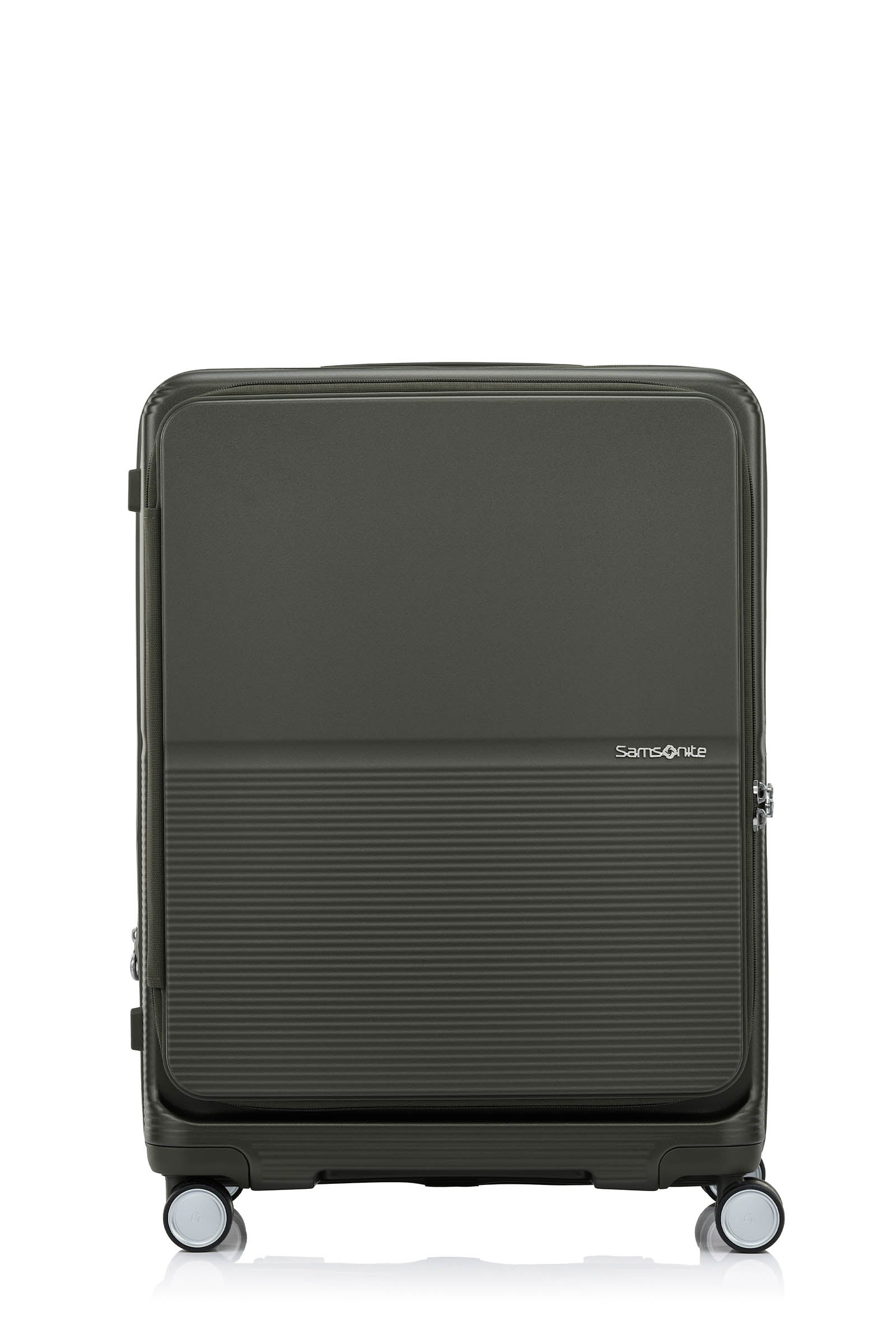 Front view of the Samsonite Flatform Spinner Medium in Dark Moss. Shop the Latest Online