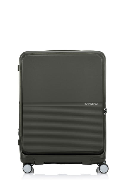 Front view of the Samsonite Flatform Spinner Medium in Dark Moss. Shop the Latest Online