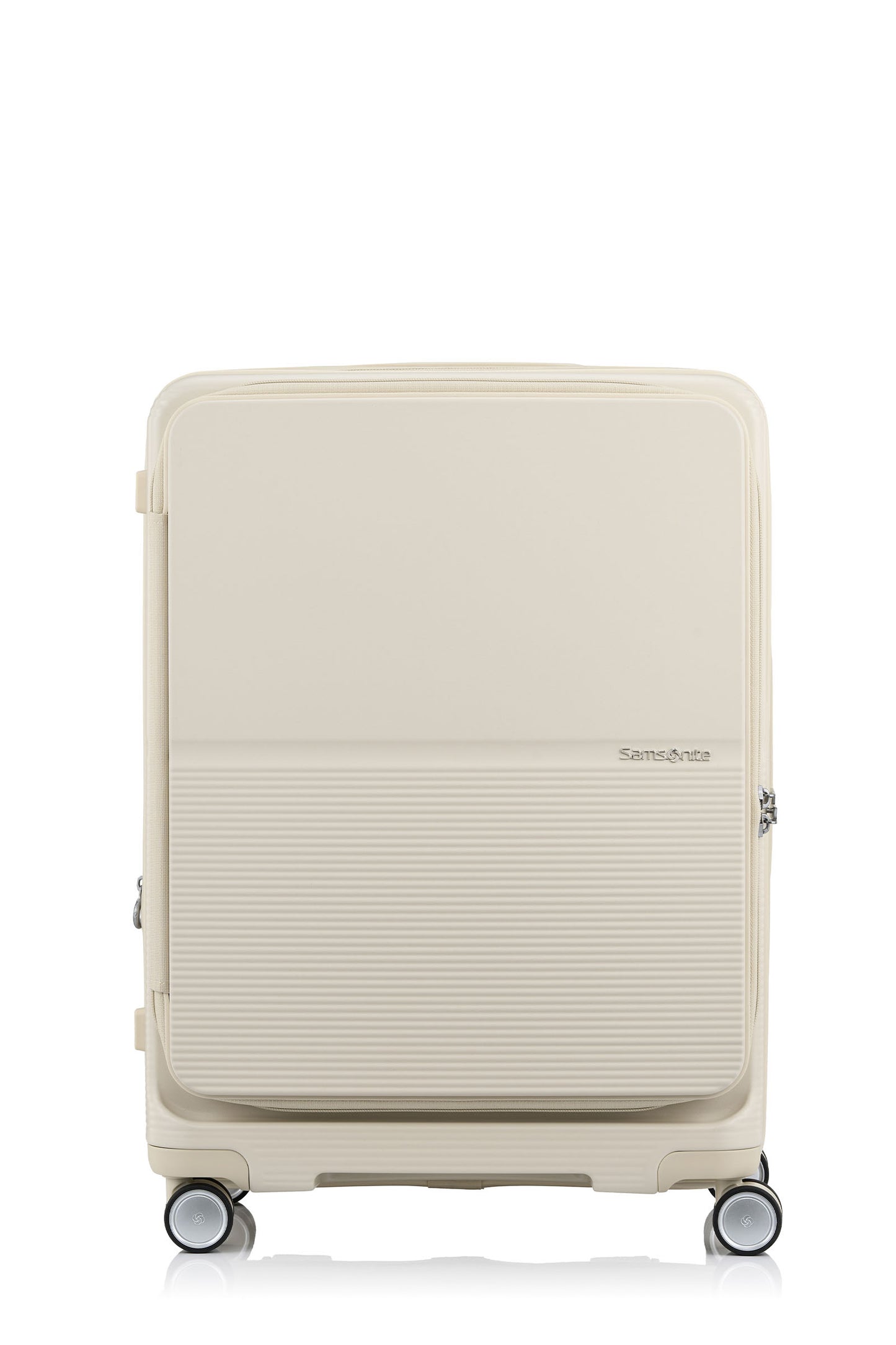 Front view of the Samsonite Flatform Spinner Medium in Ivory. Shop the Latest Online