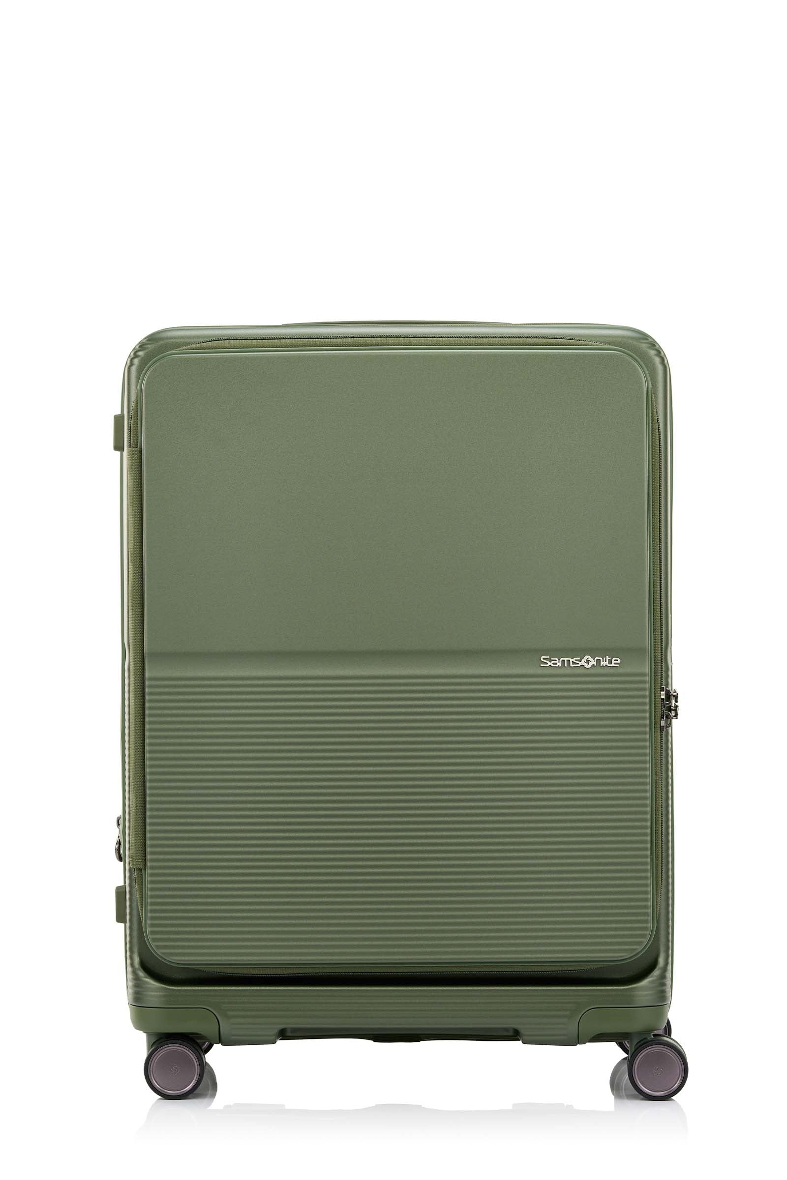 Front view of the Samsonite Flatform Spinner Medium in Metallic Green. Shop the Latest Online