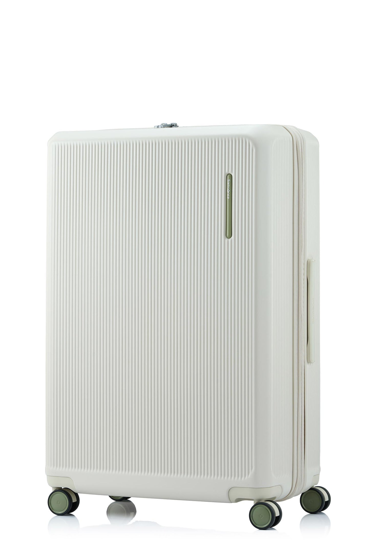 Front view of the Samsonite Voypod Spinner Large in Ivory, highlighting the elegant off-white hardshell and the seamless front-access pocket design. Shop Now Online