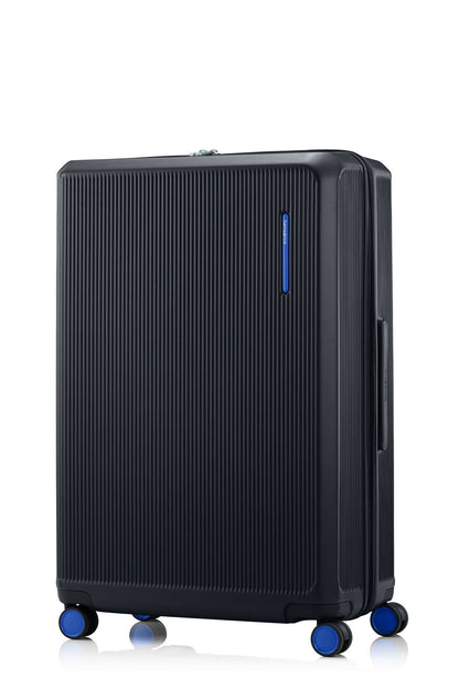 Front view of the Samsonite Voypod Spinner Large in Black, highlighting the elegant off-white hardshell and the seamless front-access pocket design. Shop Now Online