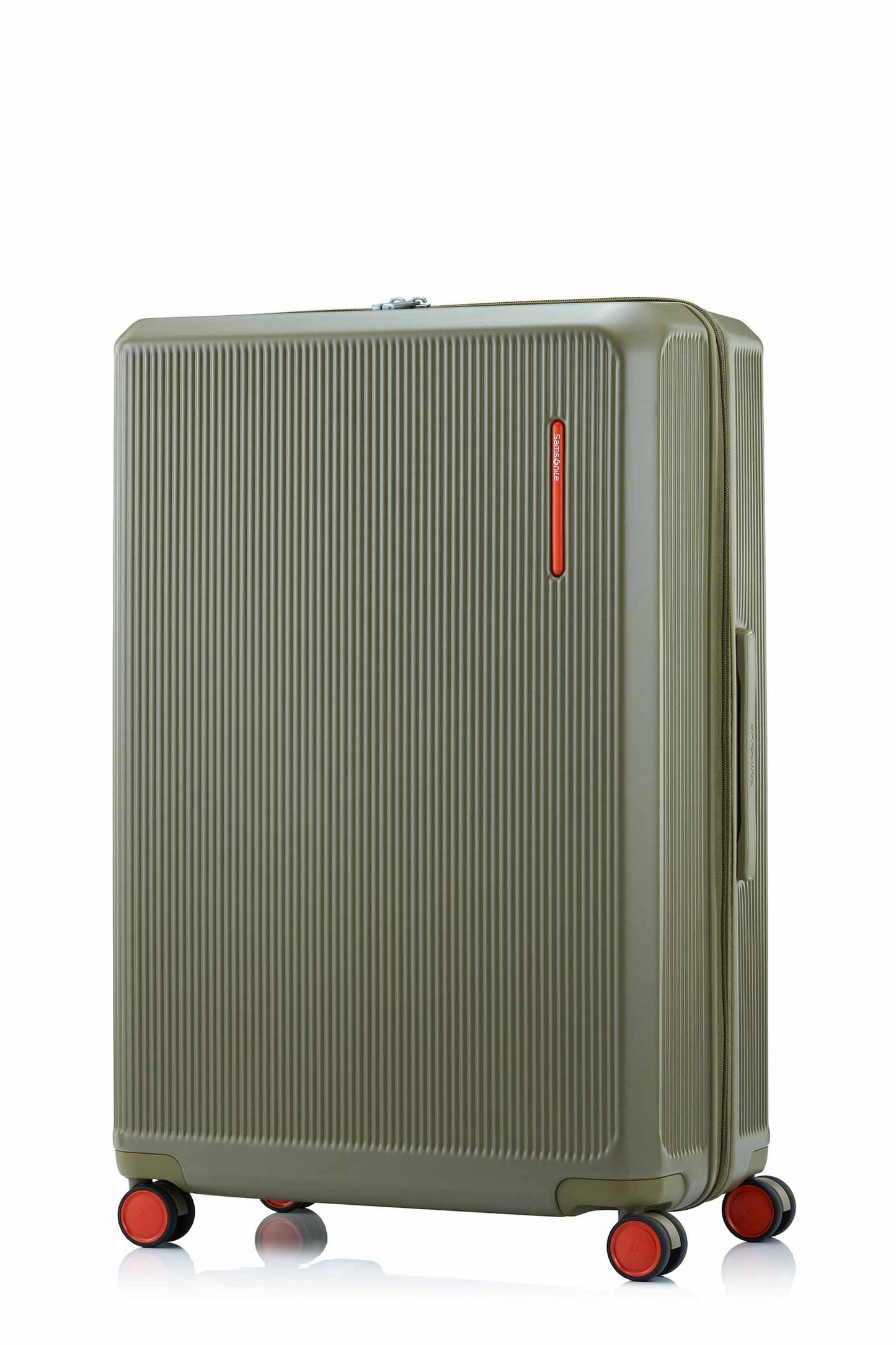 Front view of the Samsonite Voypod Spinner Large in Olive, highlighting the elegant off-white hardshell and the seamless front-access pocket design. Shop Now Online