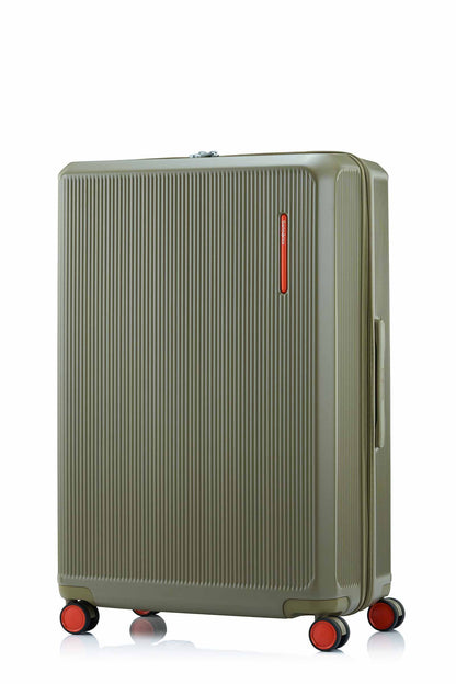 Front view of the Samsonite Voypod Spinner Large in Olive, highlighting the elegant off-white hardshell and the seamless front-access pocket design. Shop Now Online