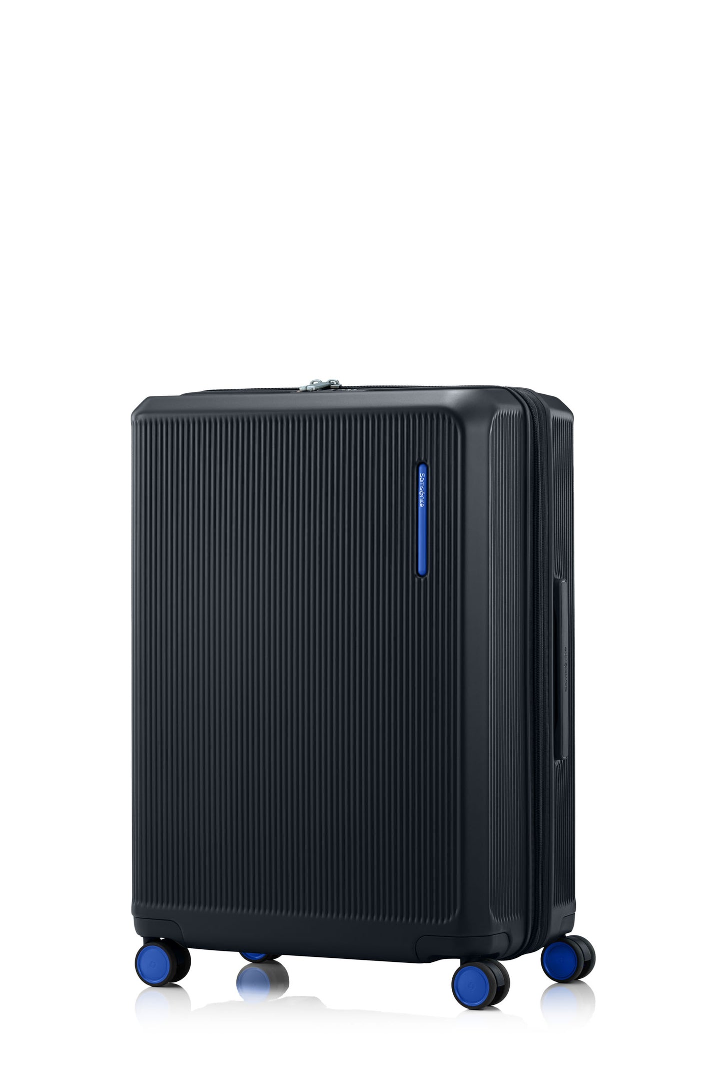 Front view of the Samsonite Voypod Spinner Medium in Black, highlighting the elegant off-white hardshell and the seamless front-access pocket design. Shop Now Online