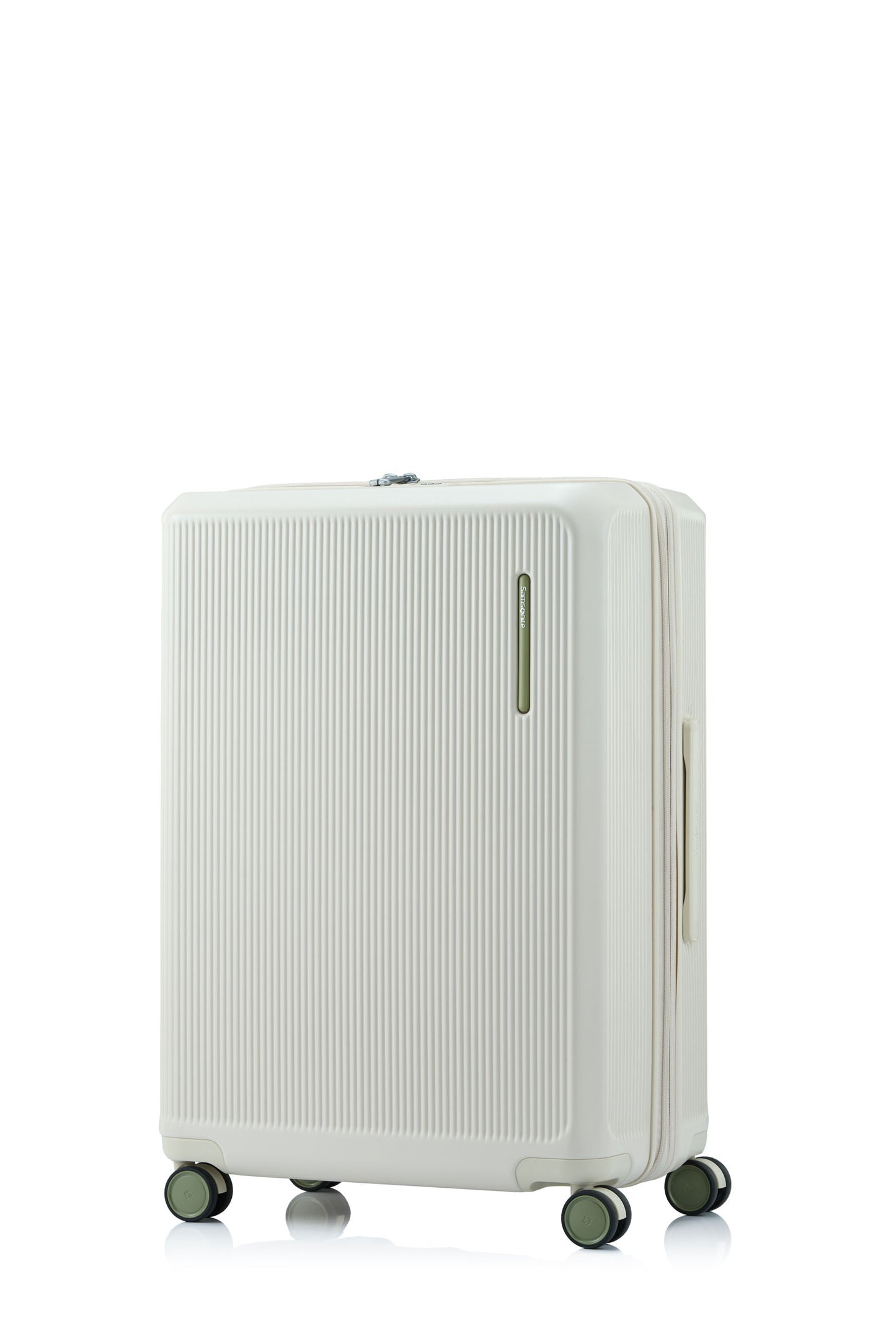 Front view of the Samsonite Voypod Spinner Medium in Ivory, highlighting the elegant off-white hardshell and the seamless front-access pocket design. Shop Now Online