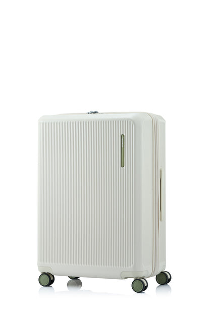 Front view of the Samsonite Voypod Spinner Medium in Ivory, highlighting the elegant off-white hardshell and the seamless front-access pocket design. Shop Now Online