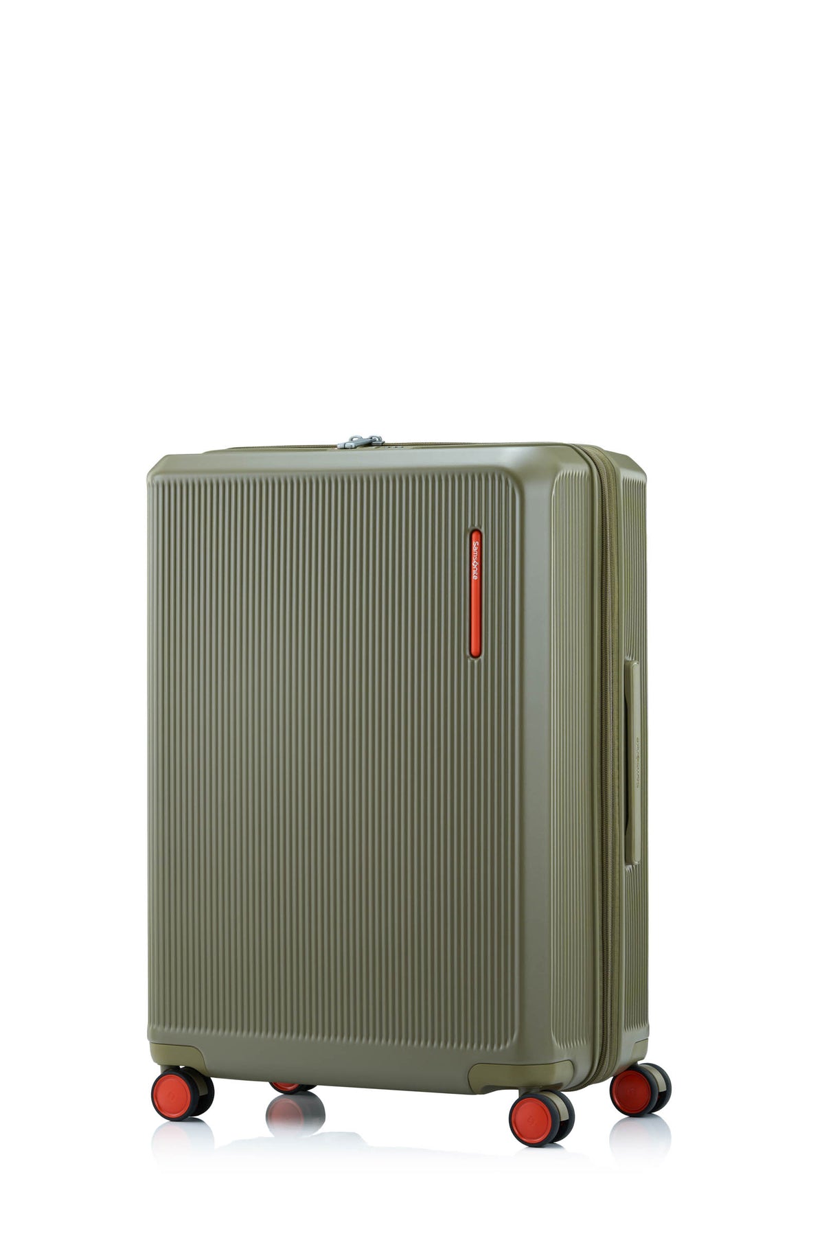 Front view of the Samsonite Voypod Spinner Medium in Olive, highlighting the elegant off-white hardshell and the seamless front-access pocket design. Shop Now Online