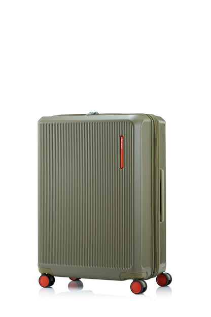 Front view of the Samsonite Voypod Spinner Medium in Olive, highlighting the elegant off-white hardshell and the seamless front-access pocket design. Shop Now Online
