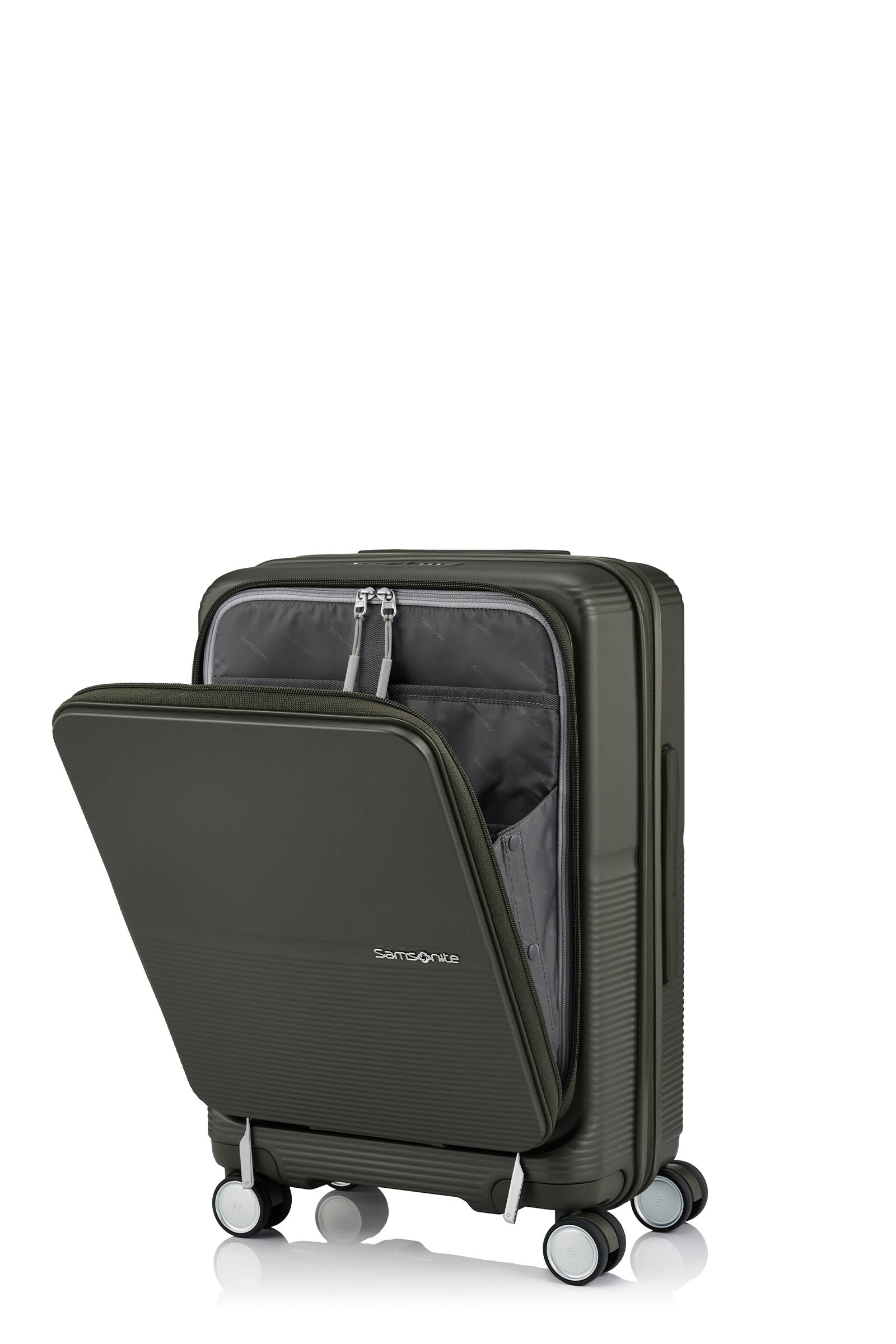 Half opened view of the Samsonite Flatform Spinner Cabin in Dark Moss. Shop the Latest Online