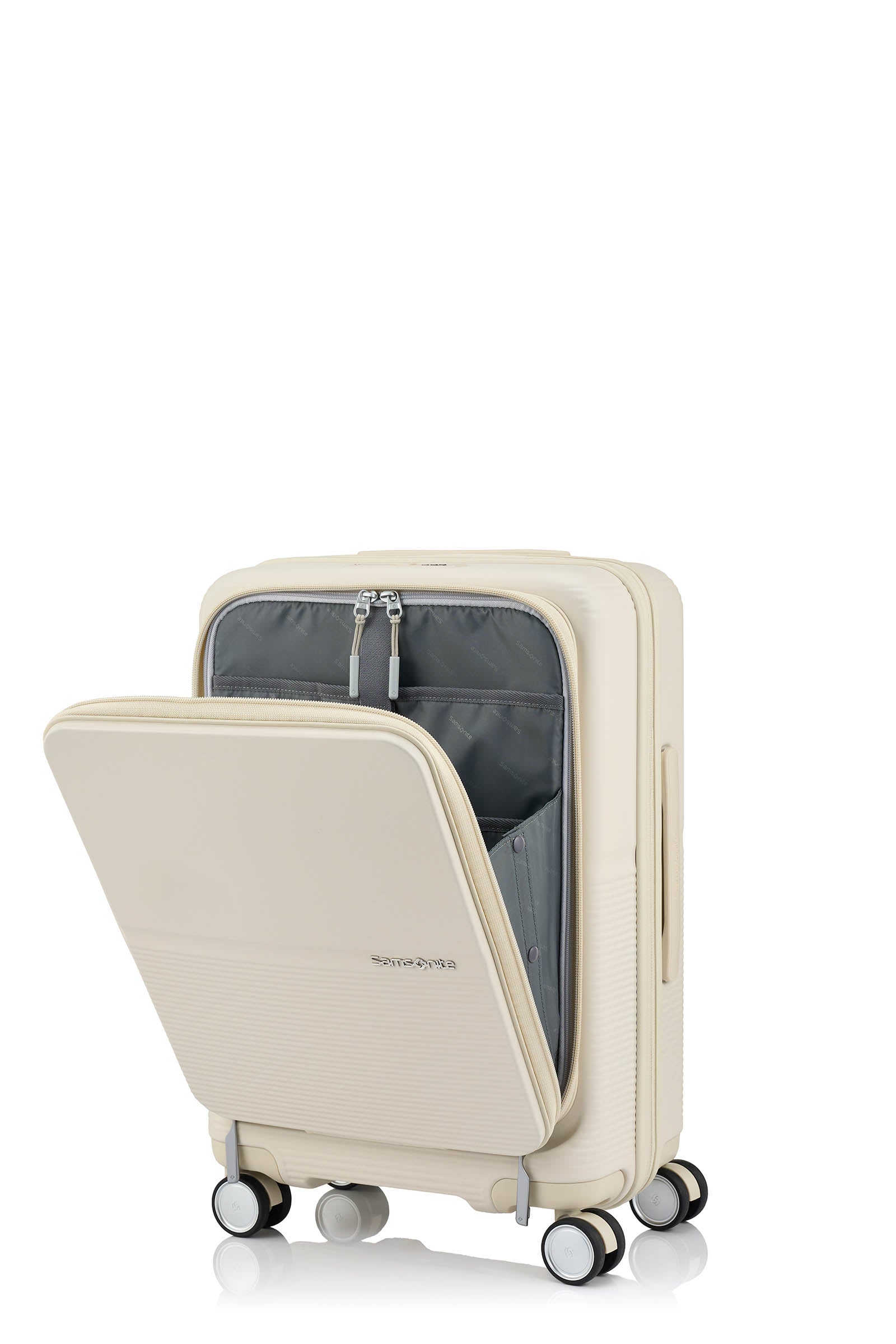 Half opened view of the Samsonite Flatform Spinner Cabin in Ivory. Shop the Latest Online