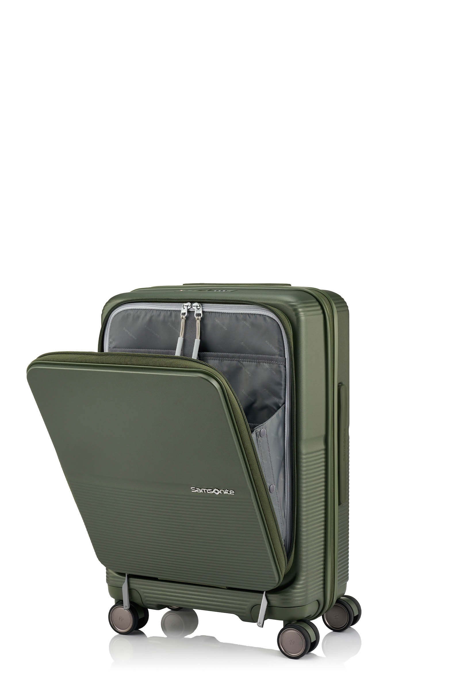 Half opened view of the Samsonite Flatform Spinner Cabin in Metallic Green. Shop the Latest Online