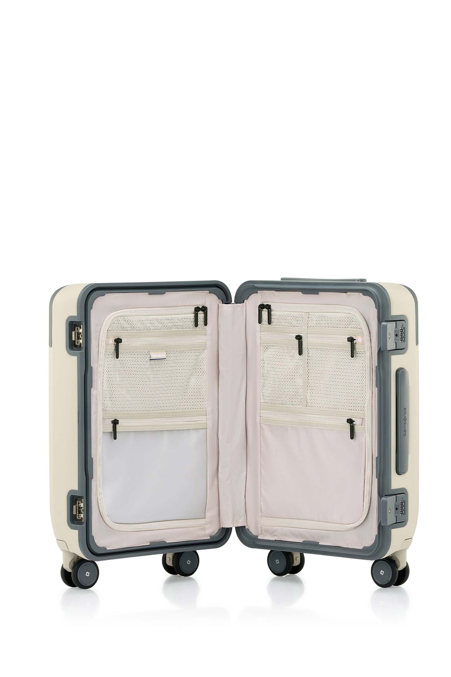 Interior view of the Evox Spinner Cabin luggage in Beige. Shop the Collection Online.
