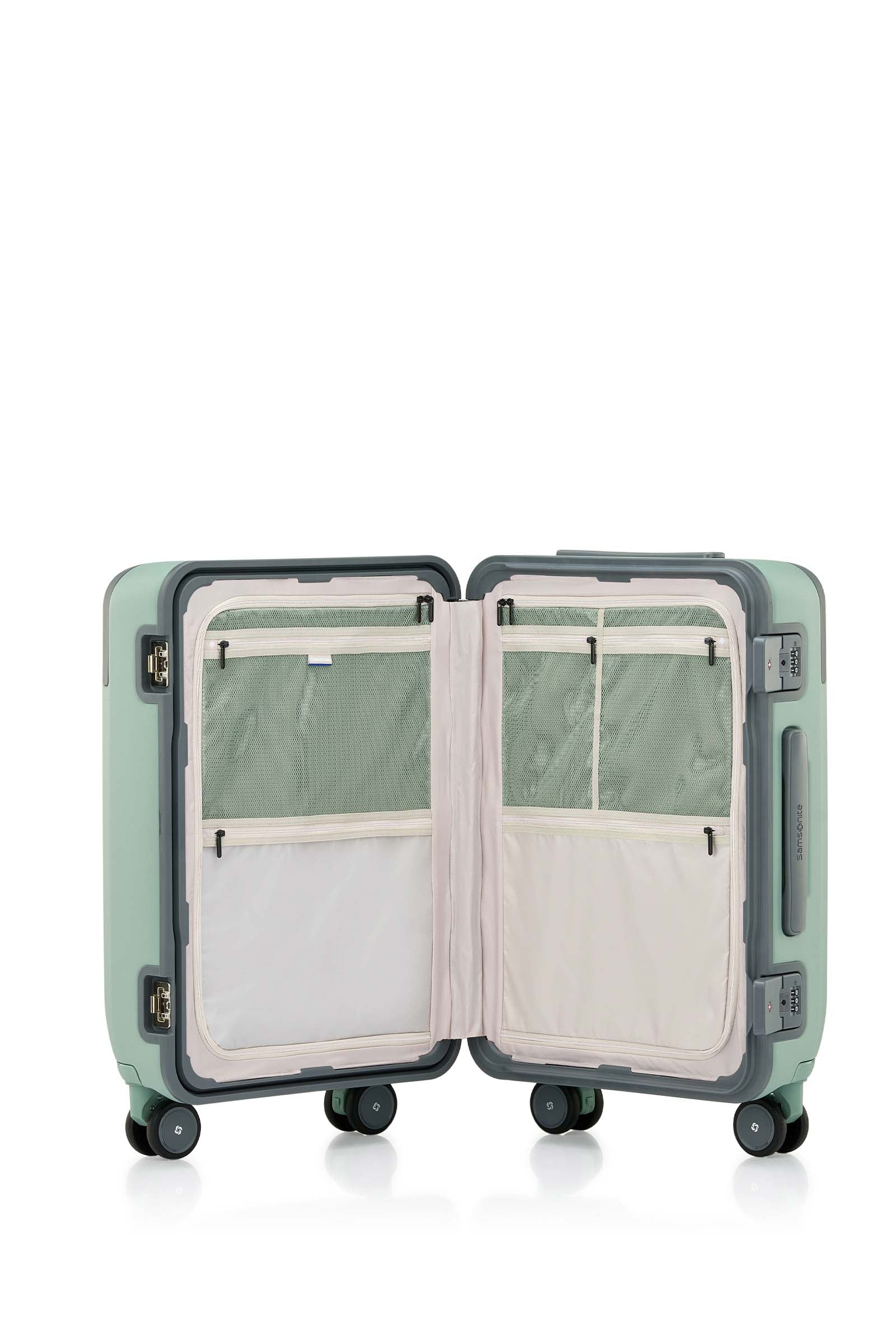 Interior view of the Evox Spinner Cabin luggage in Mint. Shop the Collection Online.