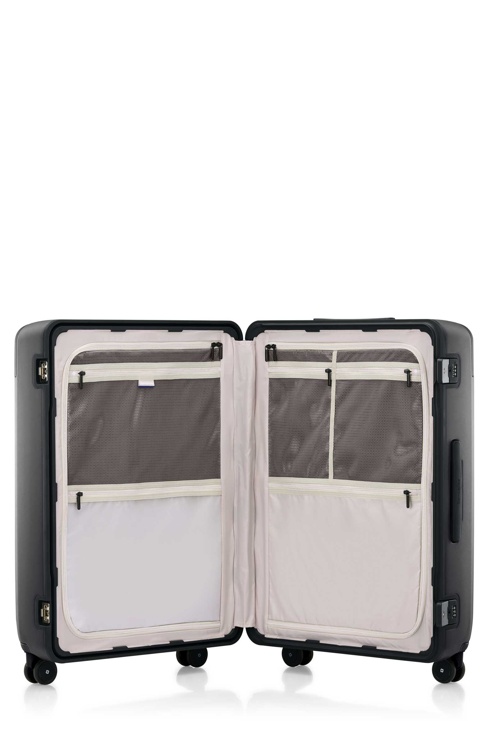 Interior view of the Evox Spinner Large luggage in Graphite. Shop the Collection Online.