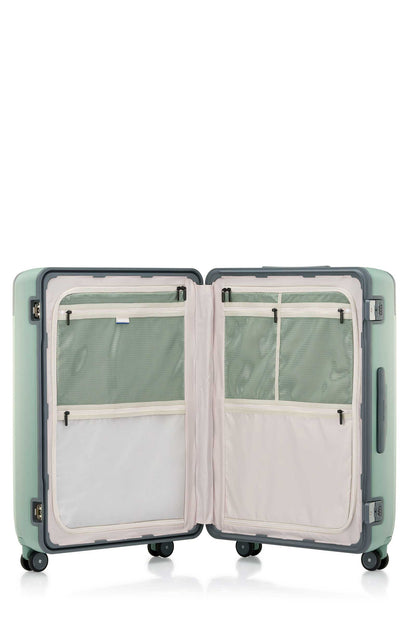 Interior view of the Evox Spinner Large luggage in Mint. Shop the Collection Online.