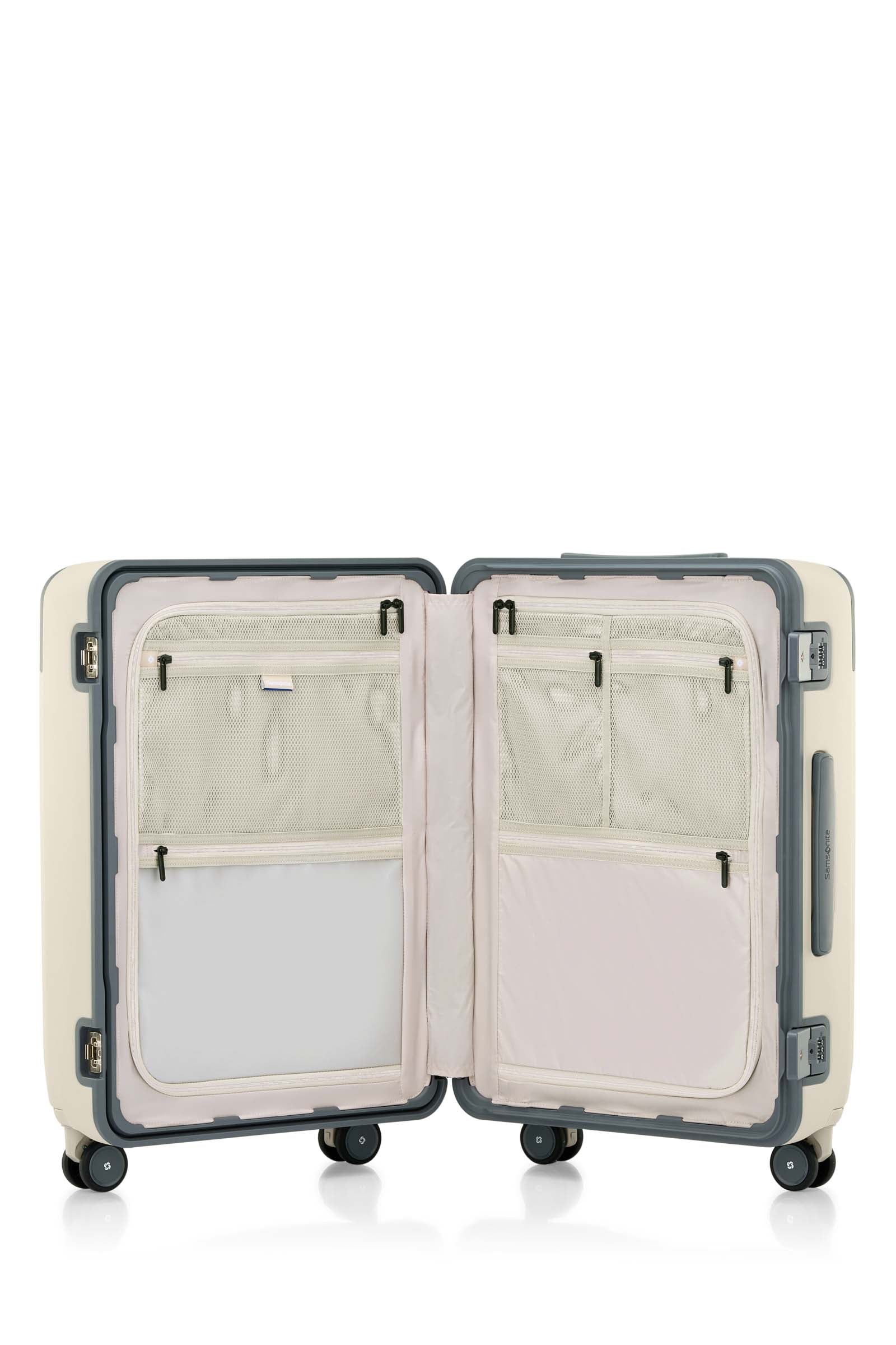 Interior view of the Evox Spinner Medium luggage in Beige. Shop the Collection Online.